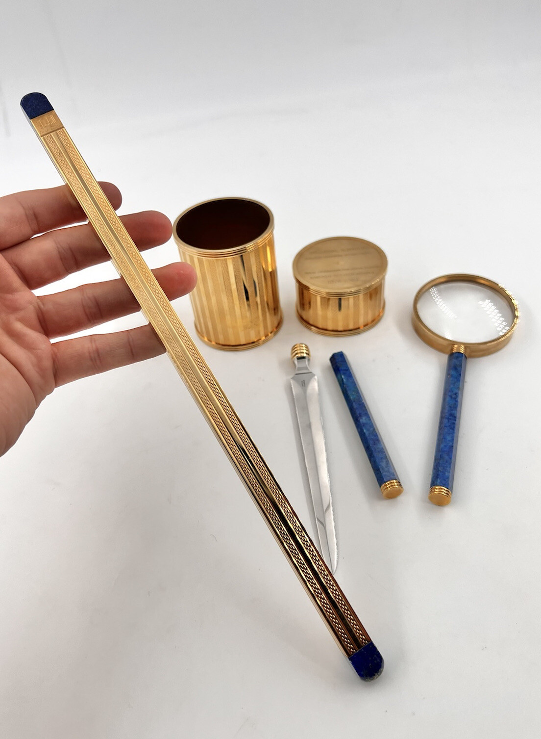 RARE DUNHILL PARIS FRANCE COLLECTION GOLD & LAPIS LAZULI DESK SET + ACCERSSORIES