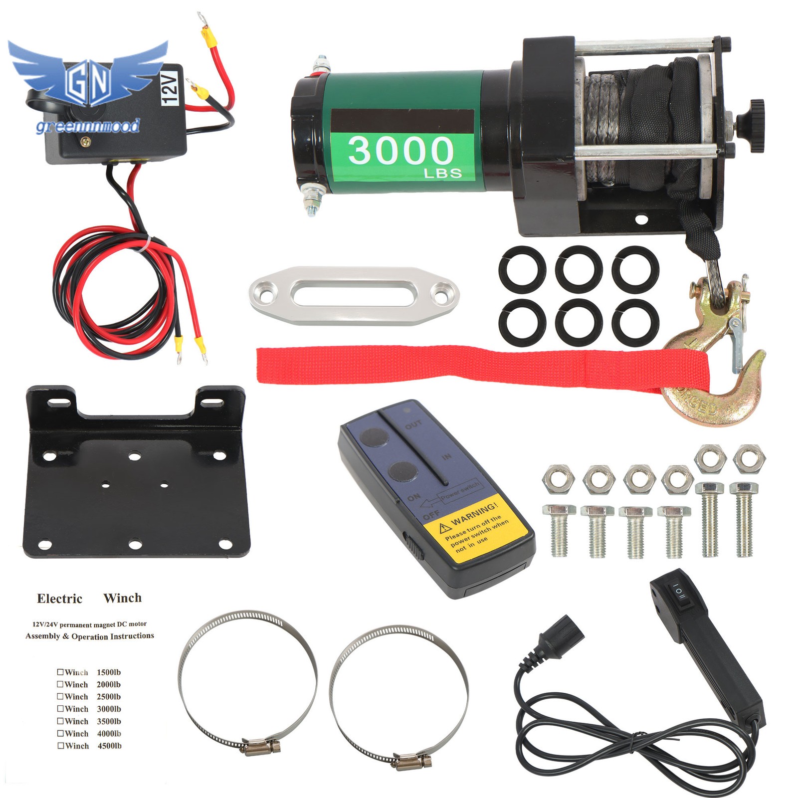 3000lbs 12V DC Electric Winch 32 ft Synthetic Rope with Wireless / Wired Remote