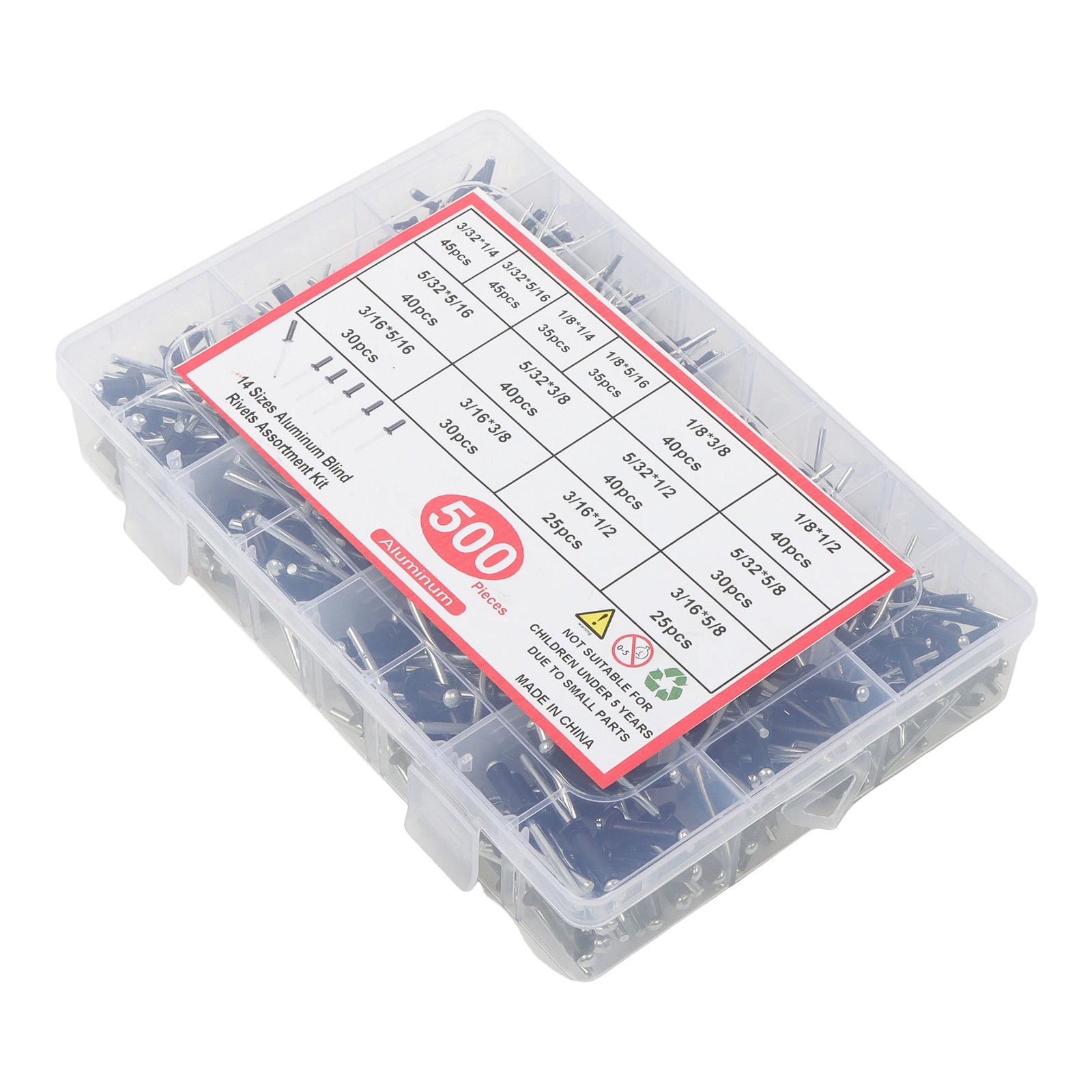 500 sets of rivet kits 3/32″ 1/8″ 5/32″ 3/16″ With 14 Standard Sizes W/ a Box