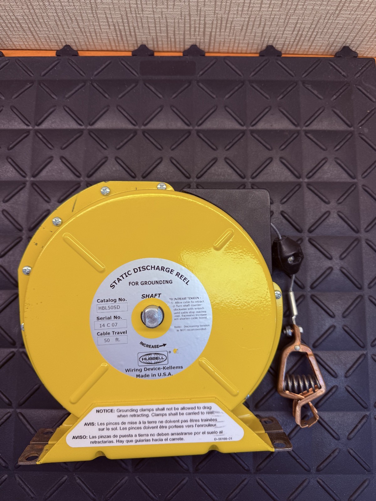 Hubbell HBL50SD Static Discharge Grounding Reel 50 Ft Cable Used