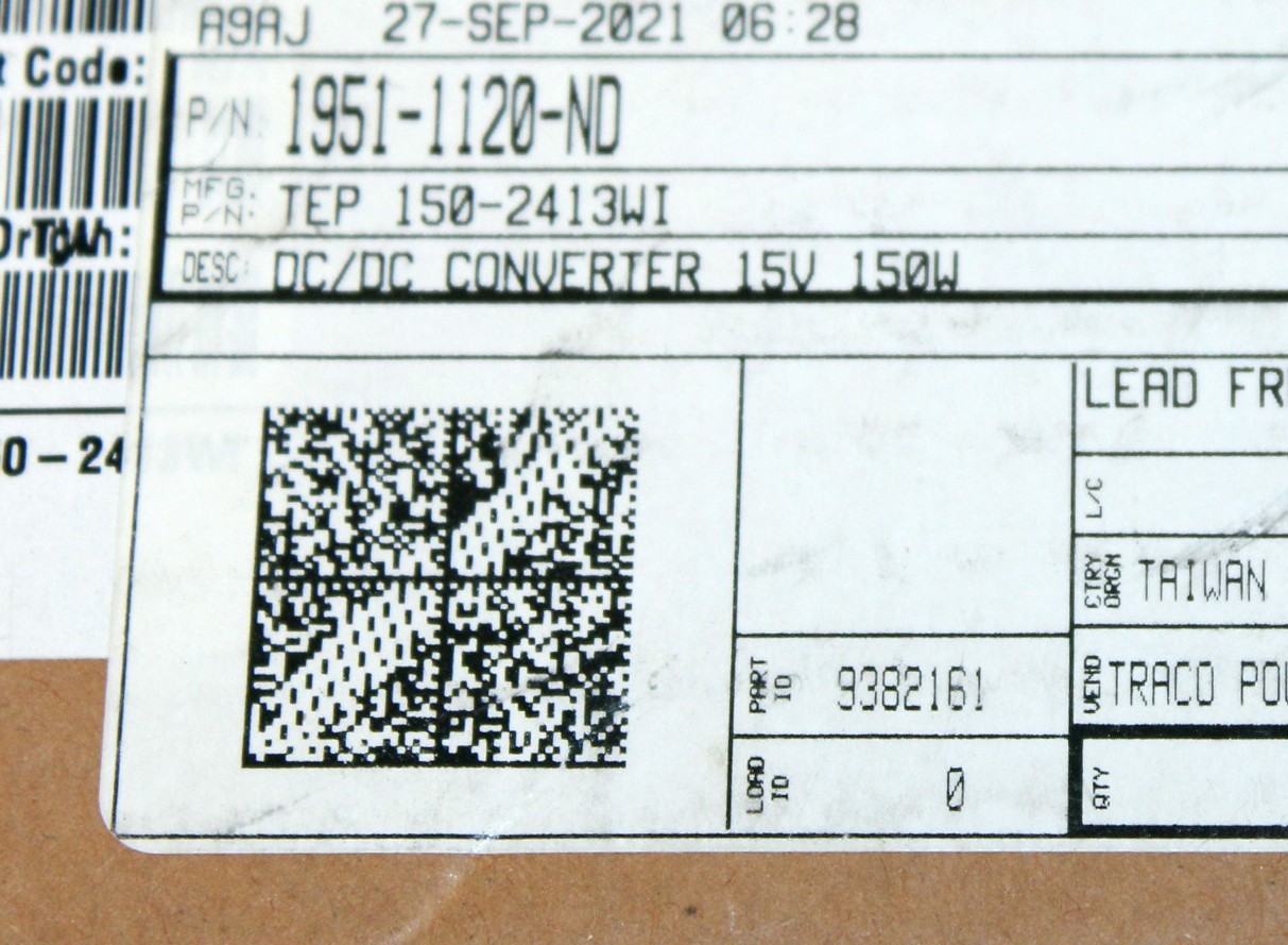 TRACO Power DC/DC Converter TEP 150-2413WI, input 9–36 VDC to 15 VDC, 150W, 10 A