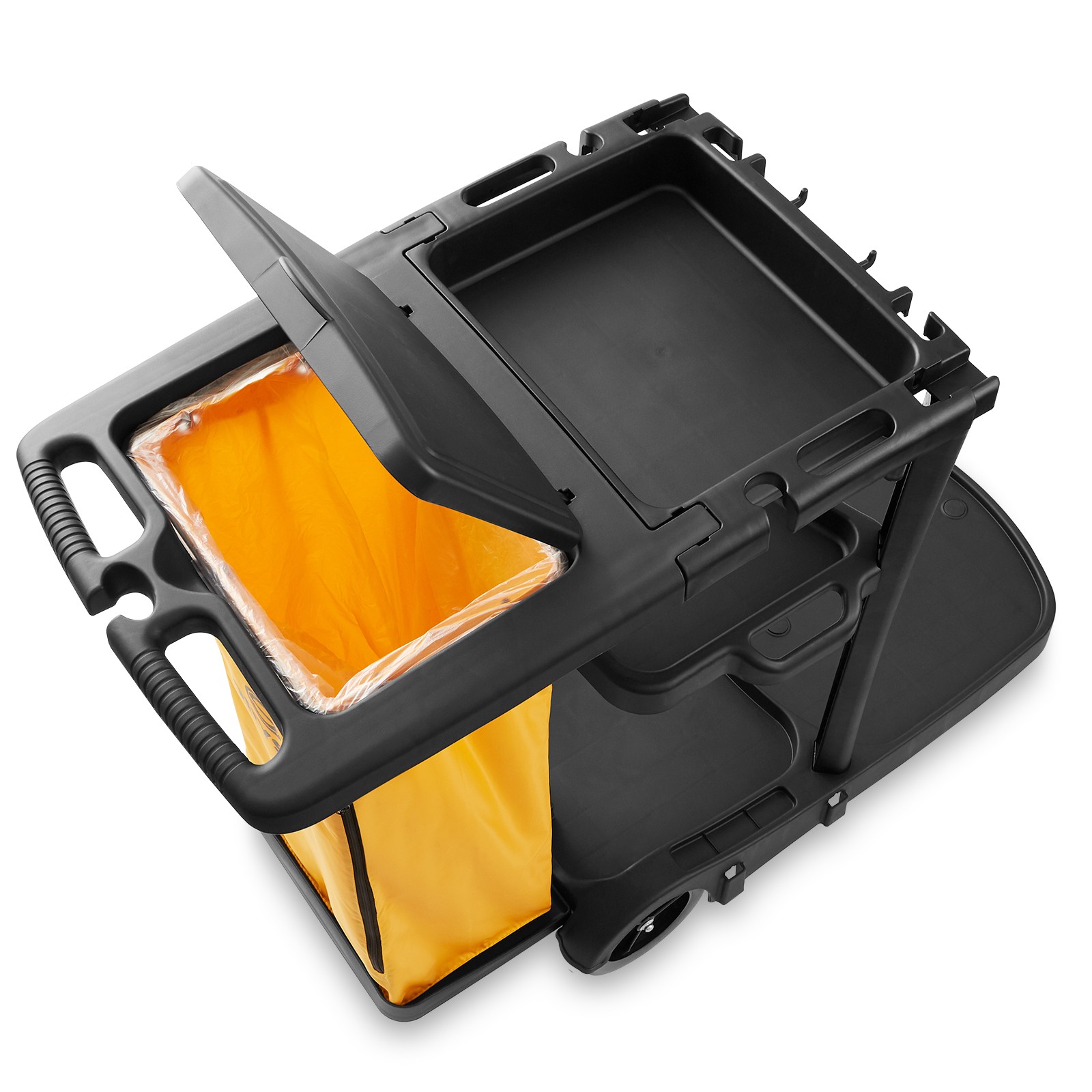 Commercial Janitorial Cleaning Cart Caddy with Cover – Shelves, Vinyl Bag, Black