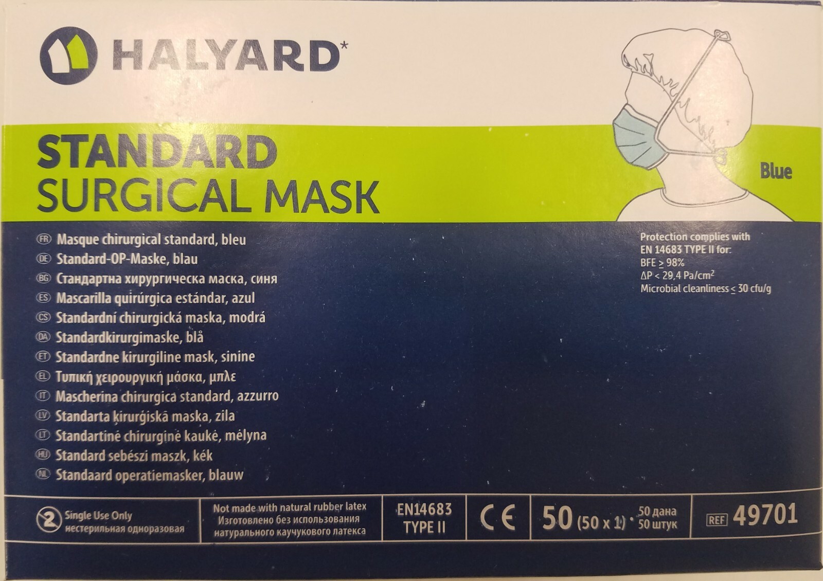 *300-Pieces* Halyard Standard Surgical Mask Blue 49701