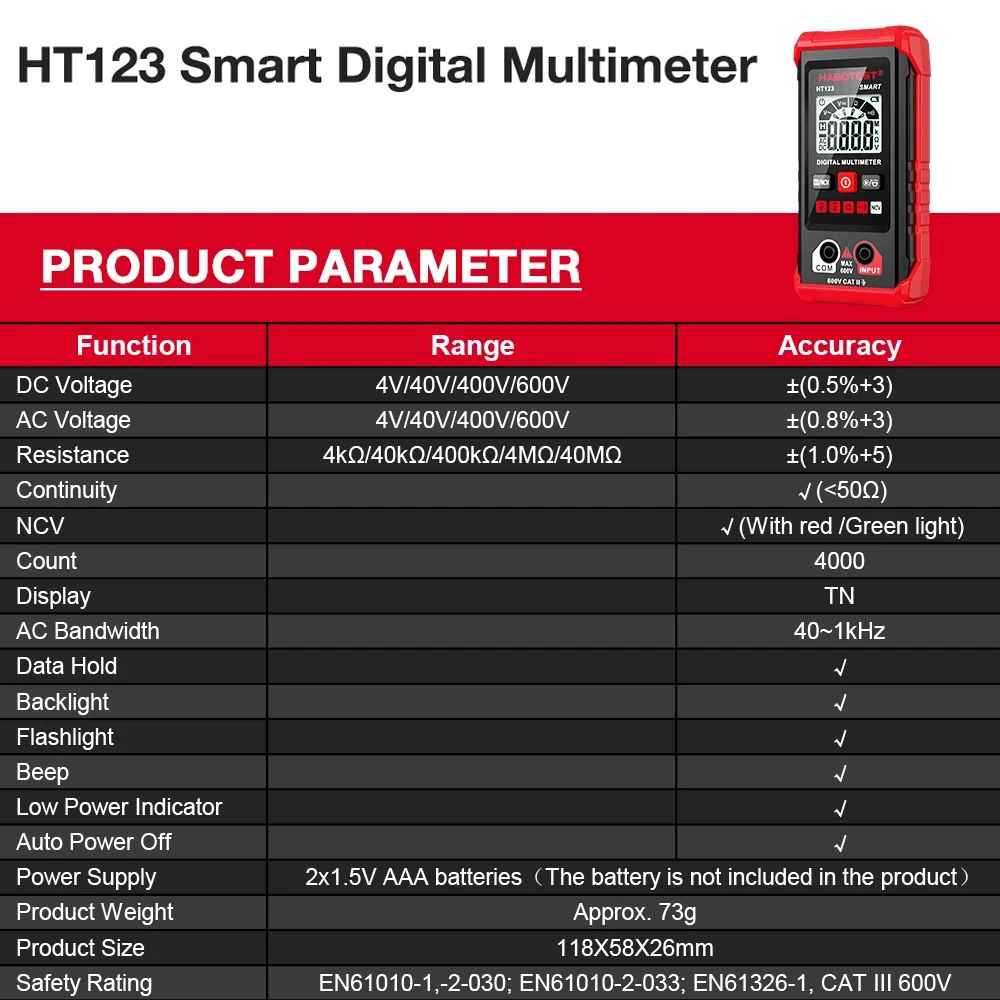 HABOTEST HT123 Digital Smart Multimeter Auto Range AC/DC Voltage NCV Tester