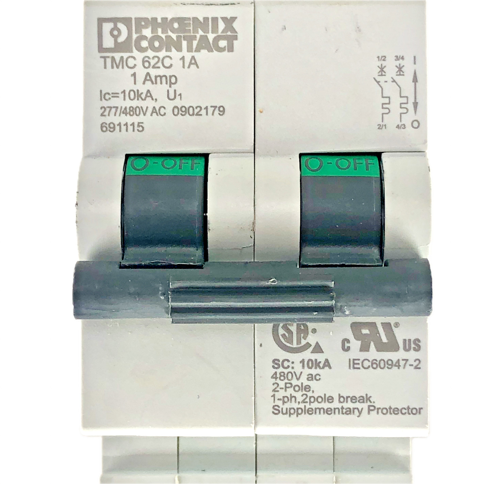 Phoenix Contact TMC 62C 902179 1A 2-Pole Circuit Breaker 480VAC 125VDC DIN Rail