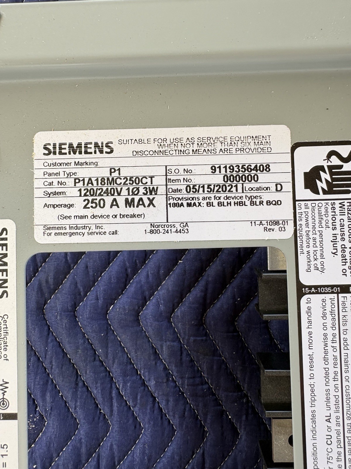 Siemens P1 Series Lighting Panel Interior 250 Amps 120/240