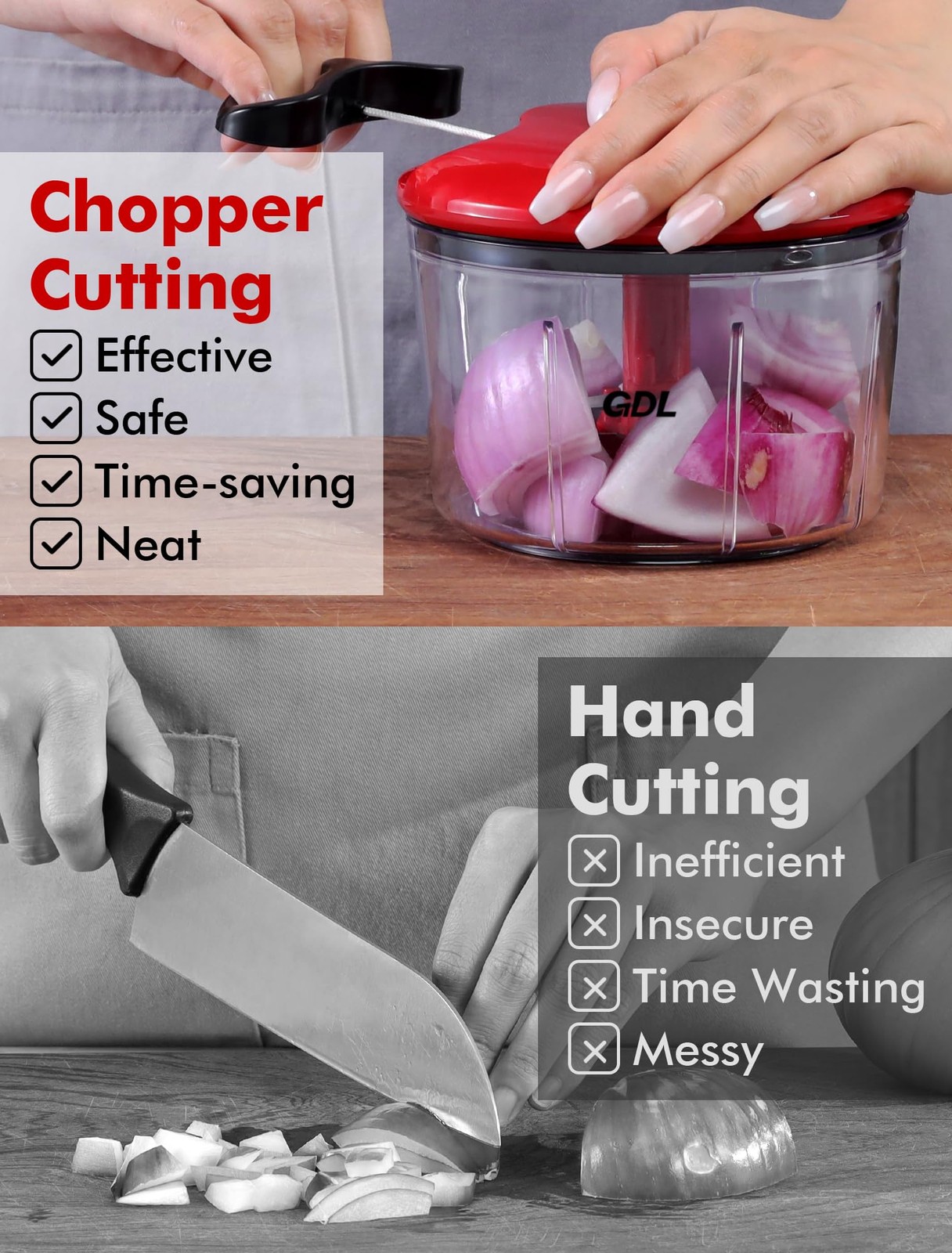 GDL Food Chopper, Pull Onion Chopper Dicer, Hand Powered 3.4 cup, Red