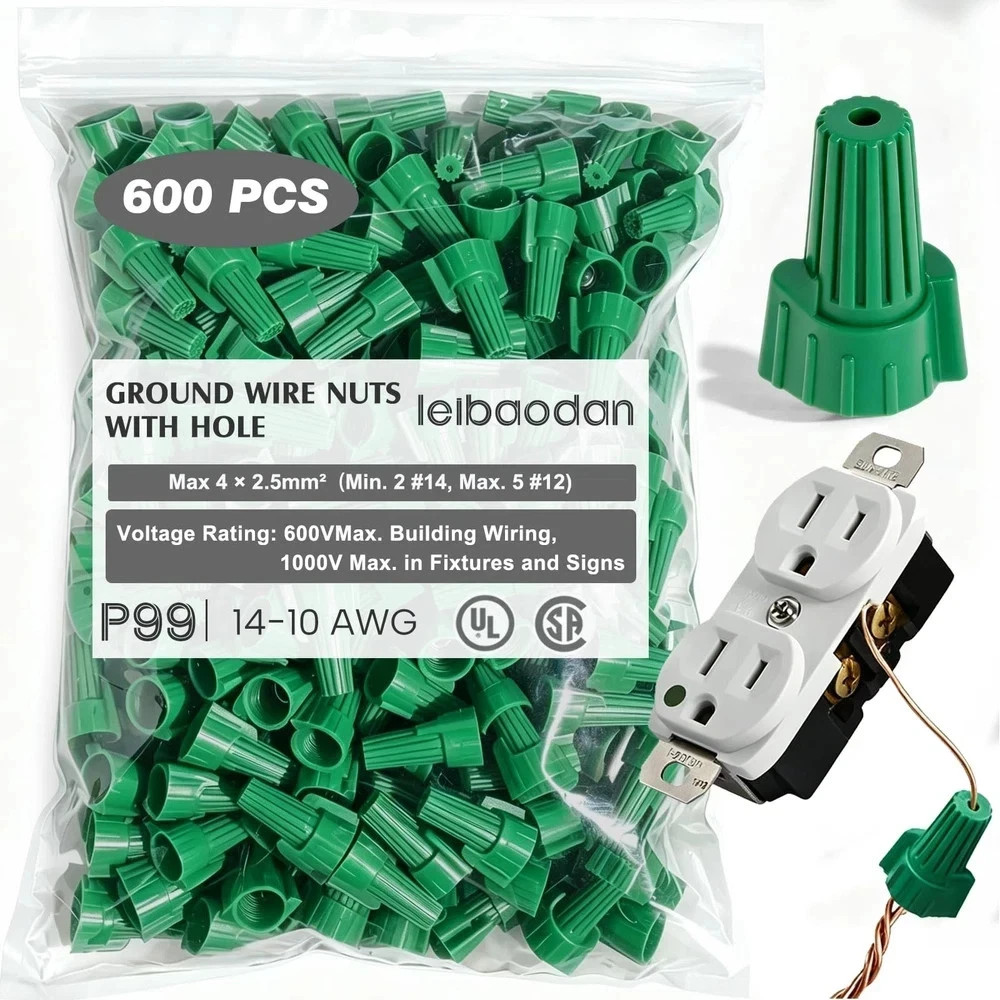 P99 Green Wire Nuts 600Pcs for 14-10 AWG, UL 467 Listed Twist-On Ground Wire …
