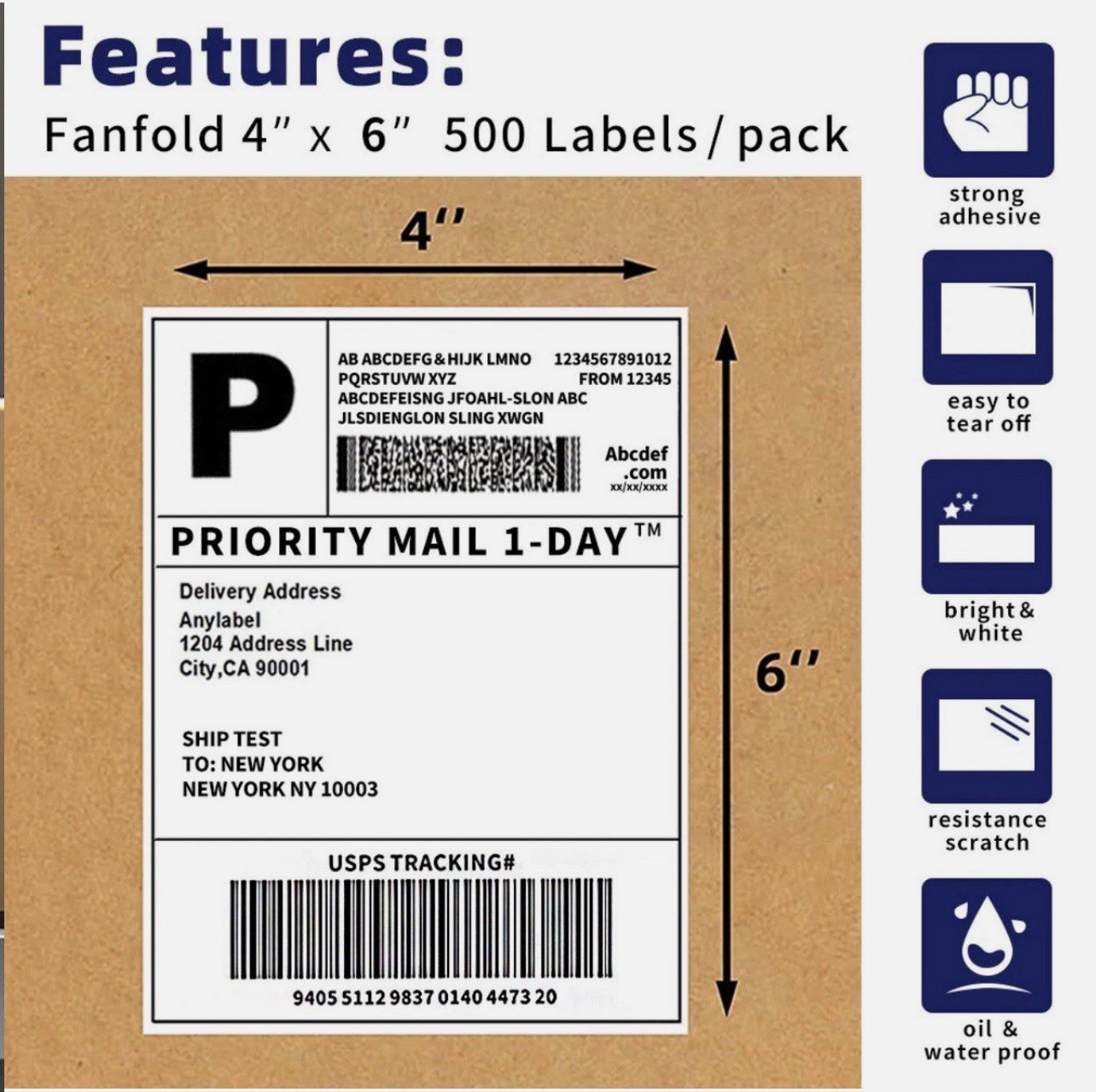 4″x6″ Fanfold Direct Thermal Shipping Labels for Zebra and Rollo 500 PCS