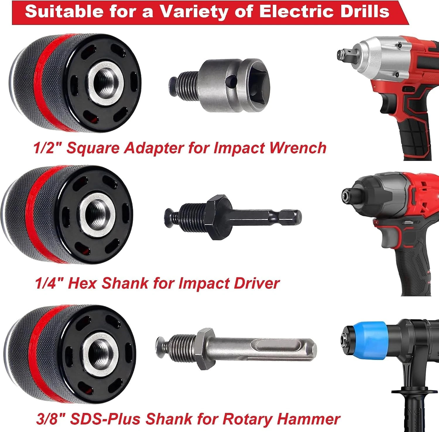 13mm Keyless Drill Chuck Metal Heavy Duty 1/2»-20UNF with SDS-Plus/Hex Shank I