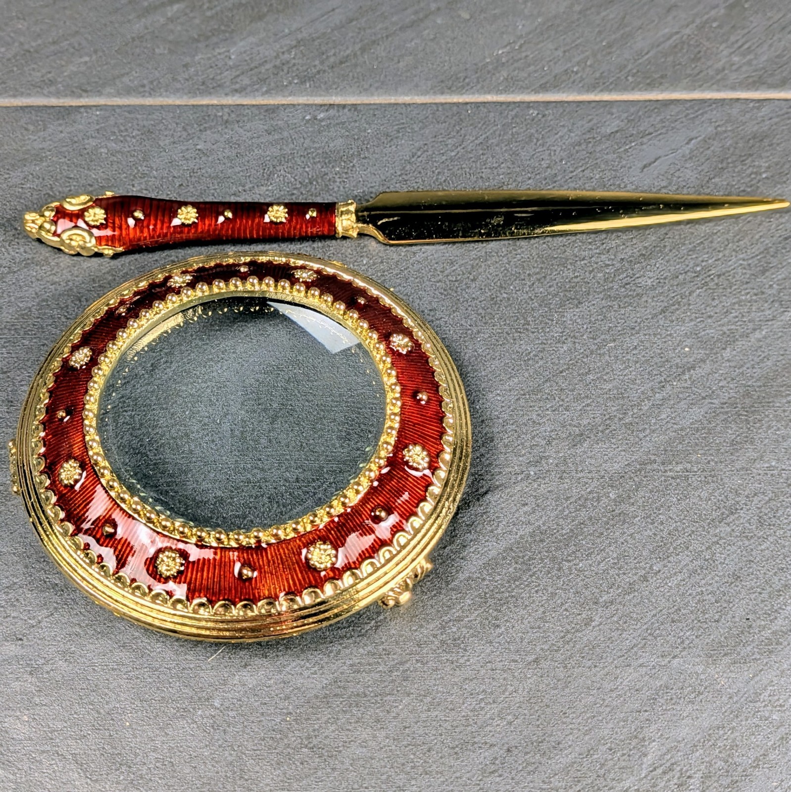 Vintage Bombay Co Red Enamel Magnifying Glass Letter Opener Set Boxed