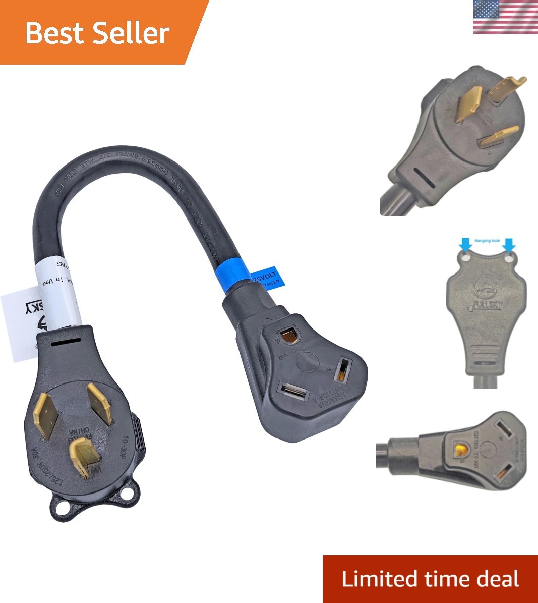 18-Inch 30A NEMA 10-30P to TT-30R Plug Adapter – Efficient and Safe Connection