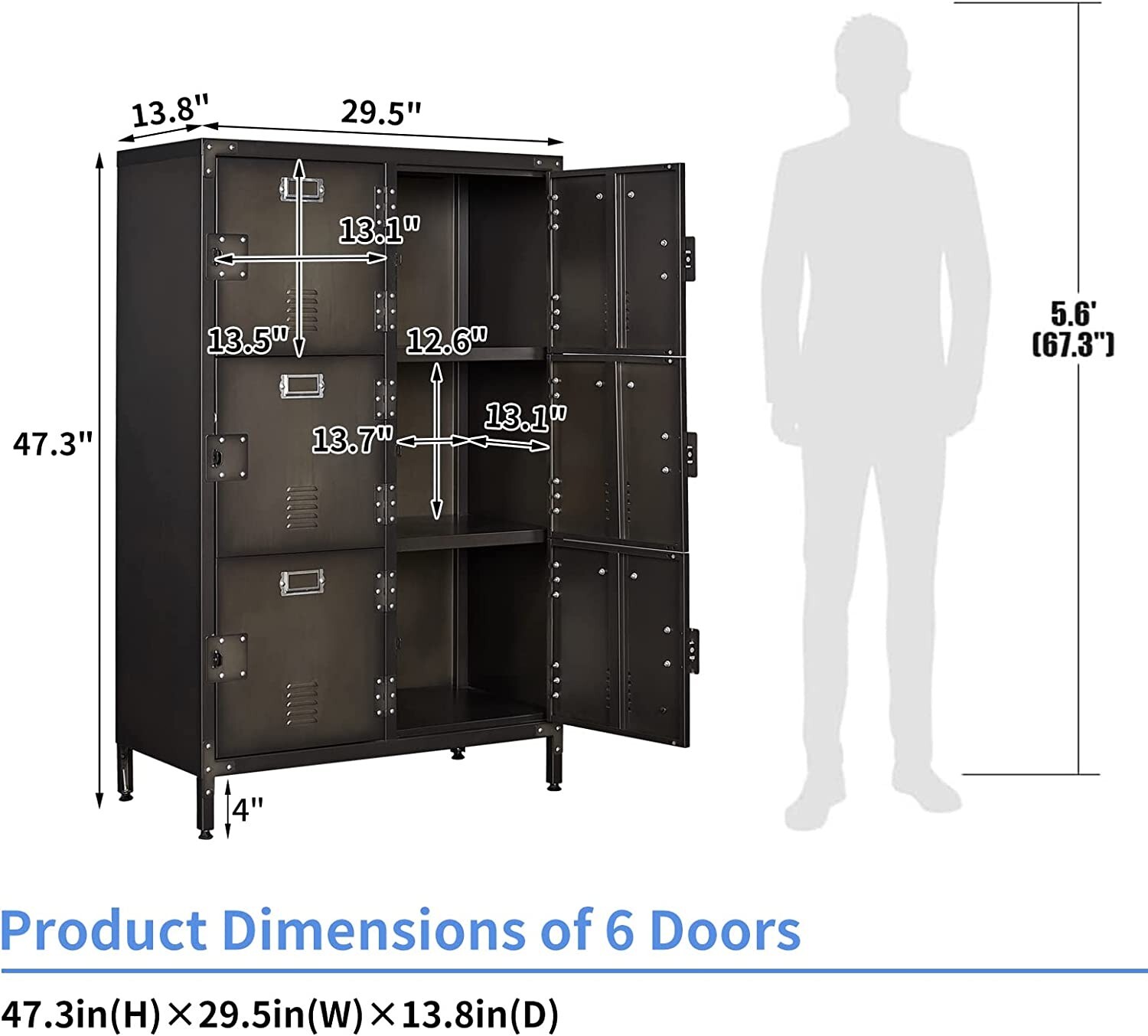 Vintage Metal Storage Cabinet 47.3H Industrial Steel Locker Cabinet with 6 Doors