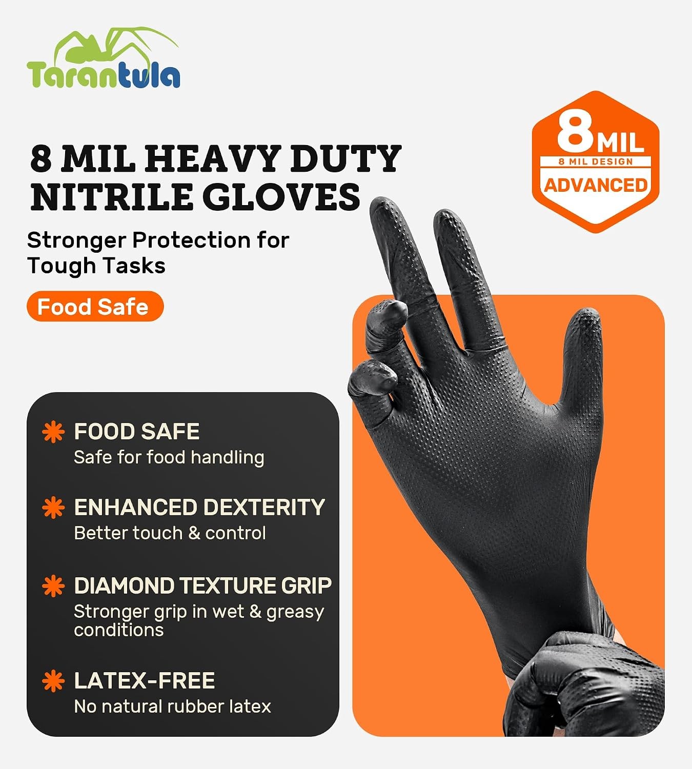 8-mil Disposable Nitrile Gloves,Heavy-Duty Fully Diamond Textured | Mechanic &