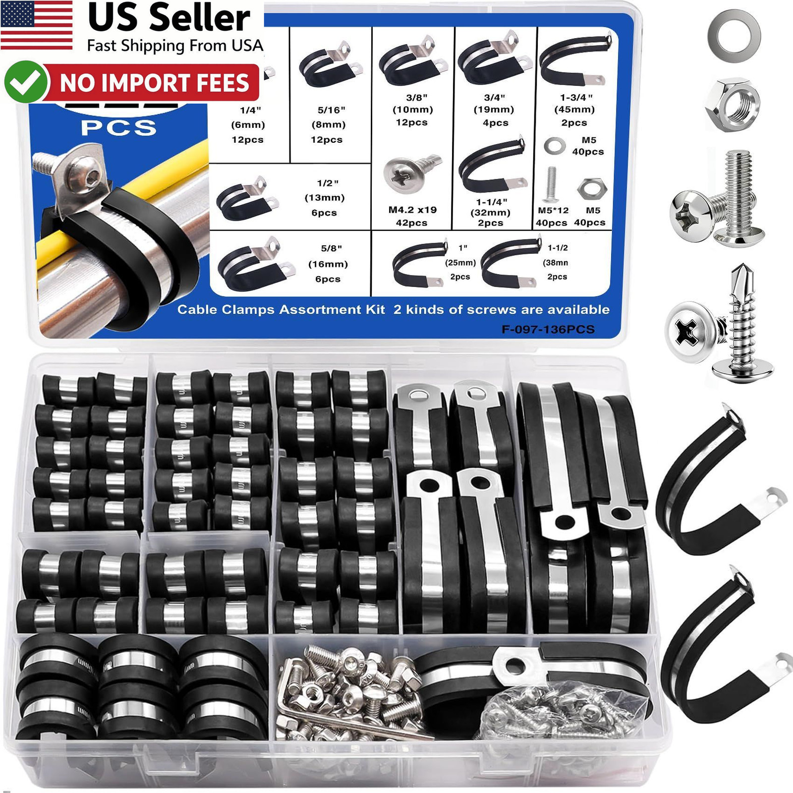 Taiss 222PCS Stainless Steel Cable Clamps Kit Rubber Cushion Pipe Clamps FROMUSA