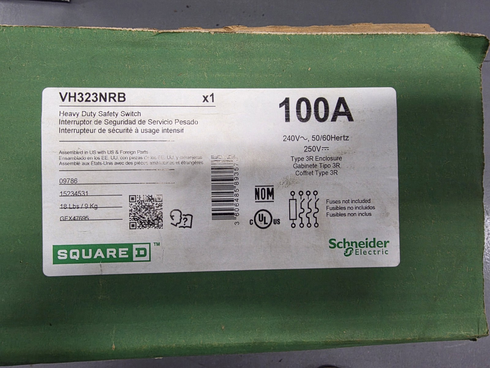 Square D 100A Disconnect VH323NRB for 3-Phase Systems