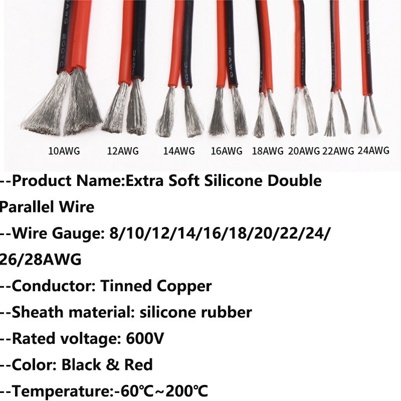 2Pin 8AWG-28AWG Red&Black Silicone Wire Extra Soft Silicone Cable Tinned Copper