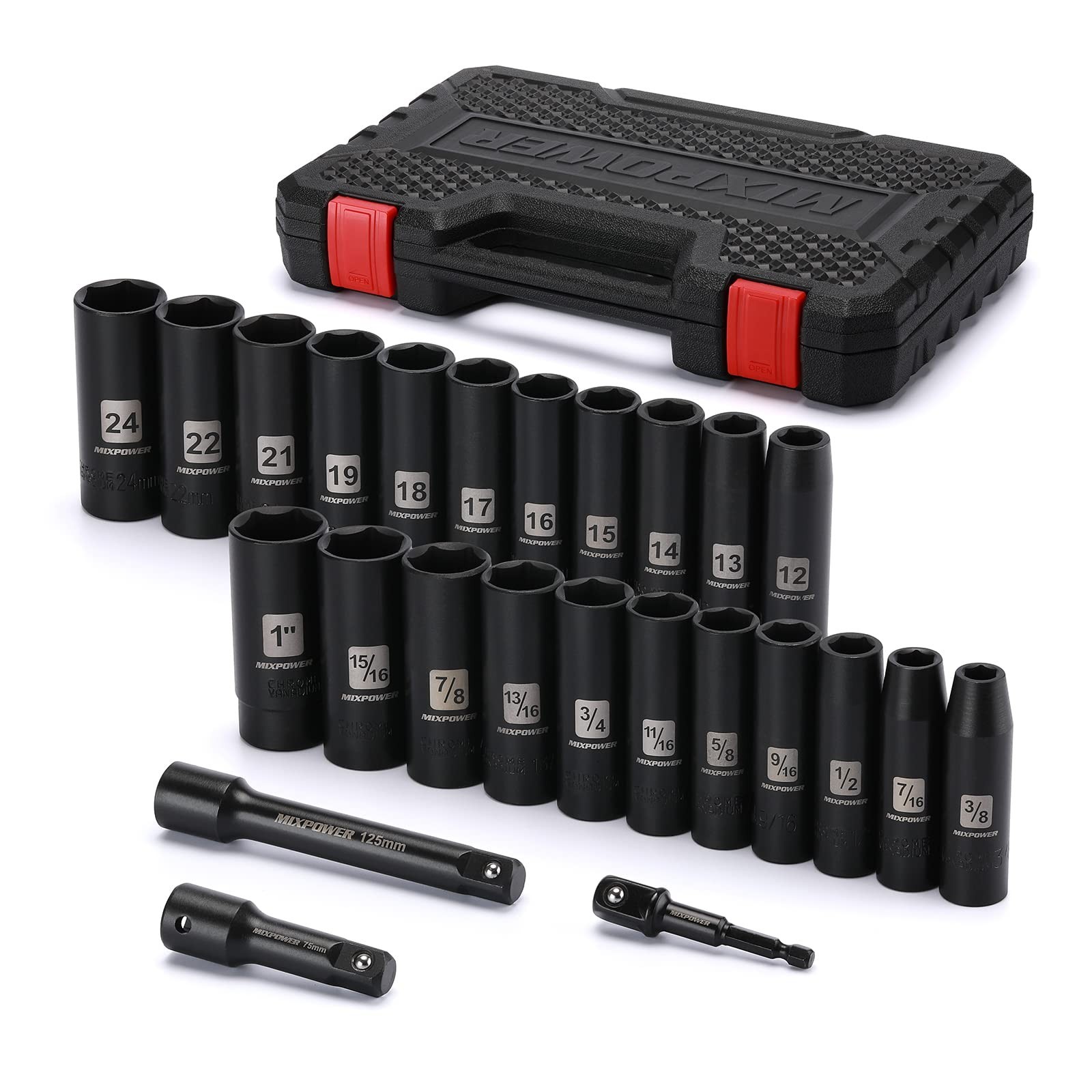 25 Pieces 1/2-Inch Drive Deep Impact Socket Set, CR-V, Metric/SAE, Includes 1…