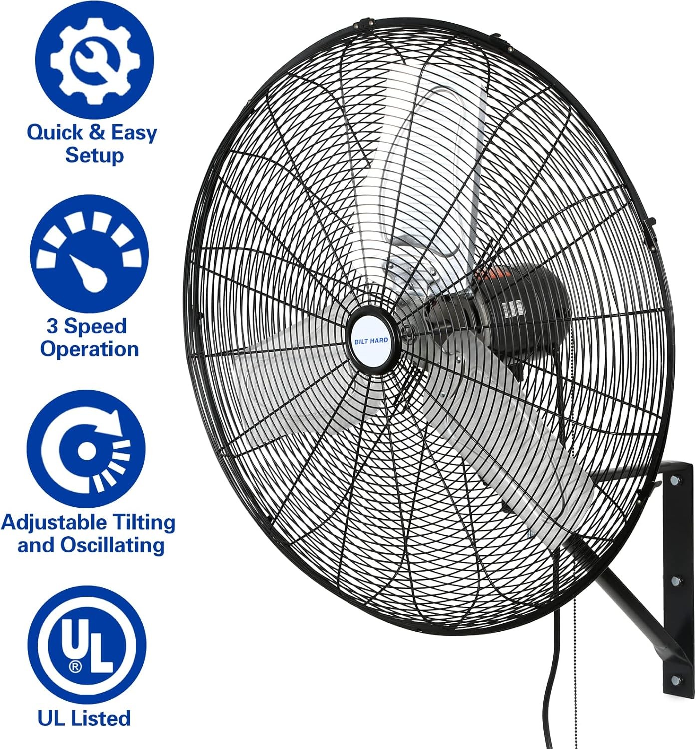 BILT HARD 6500 CFM 24″ Industrial Wall Fan 3 Speed for Garage UL Listed