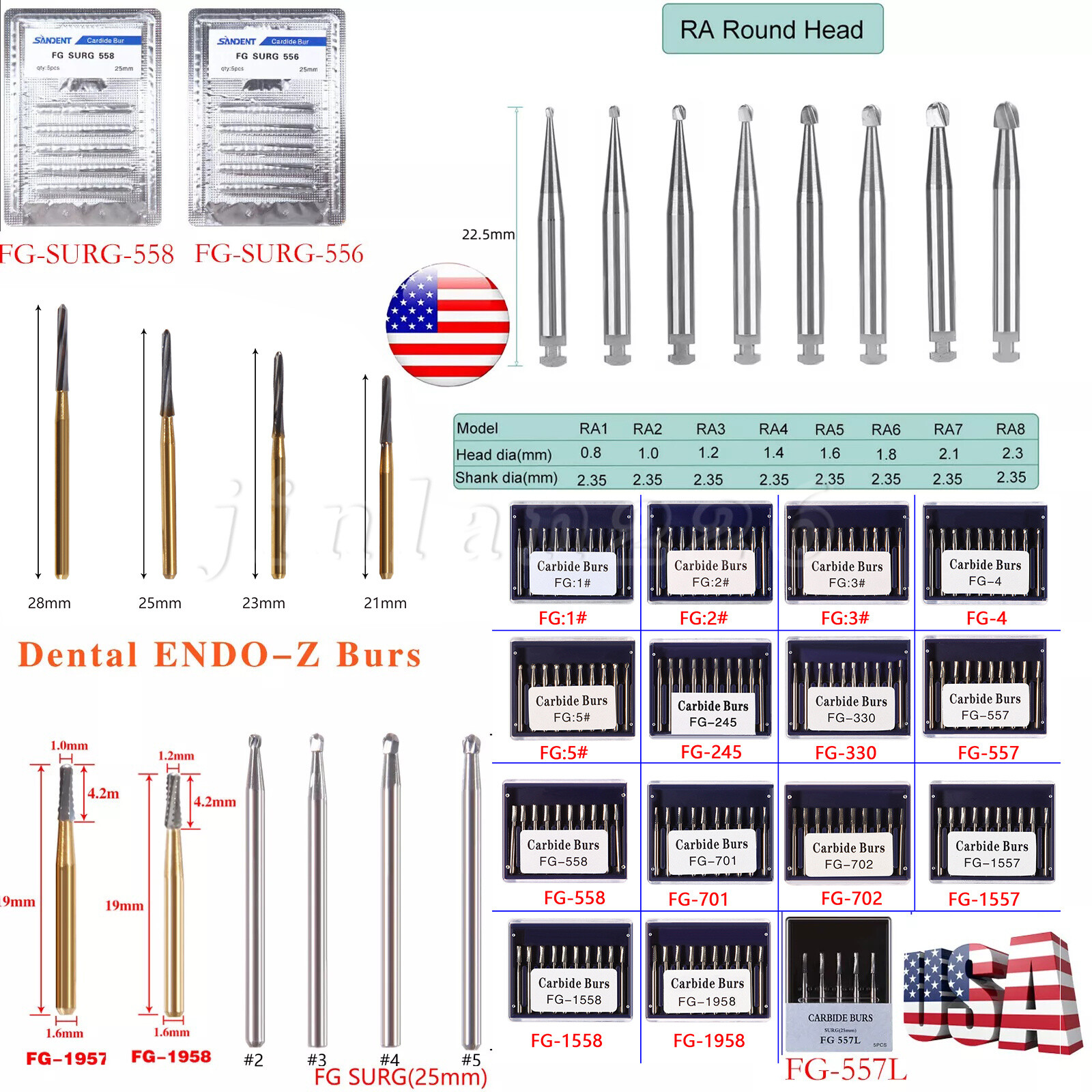Dental Surgical Burs Long Shank 557L 556 558 Carbide 25mm For High/Low Speed RA