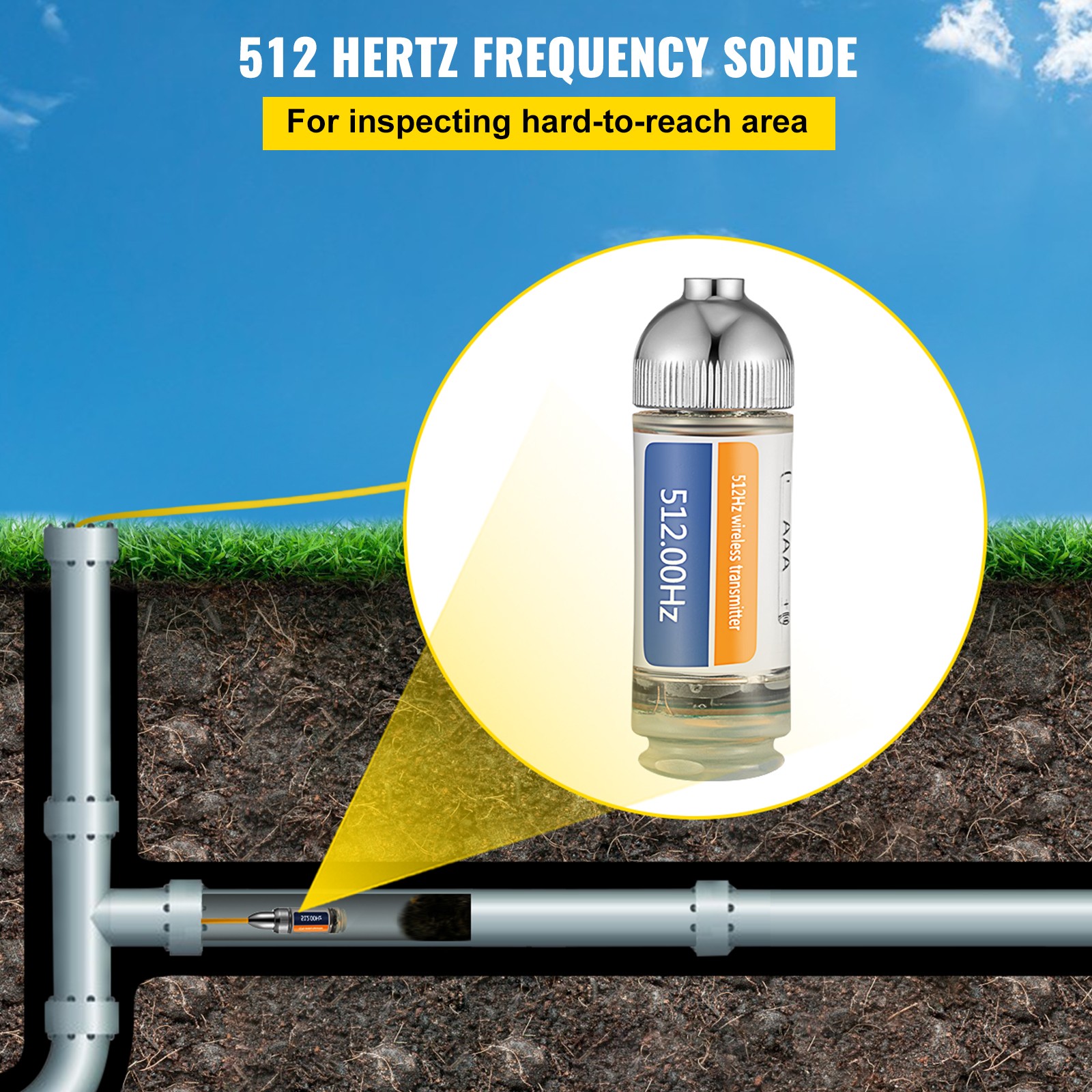 VEVOR Sonde Transmitter Sonde Locator 512hz Pipe Locator 25′ Depth Sewer Locator