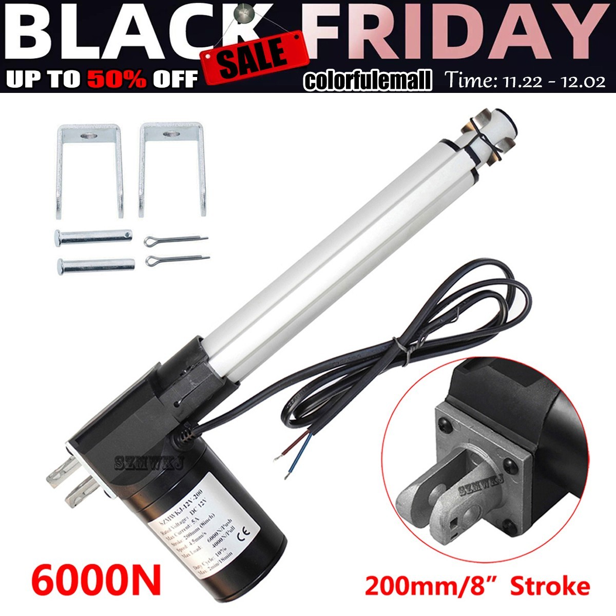 Heavy Duty 8″ inch 6000N 1320lbs Linear Actuator 12V Electric Motors W/ Brackets