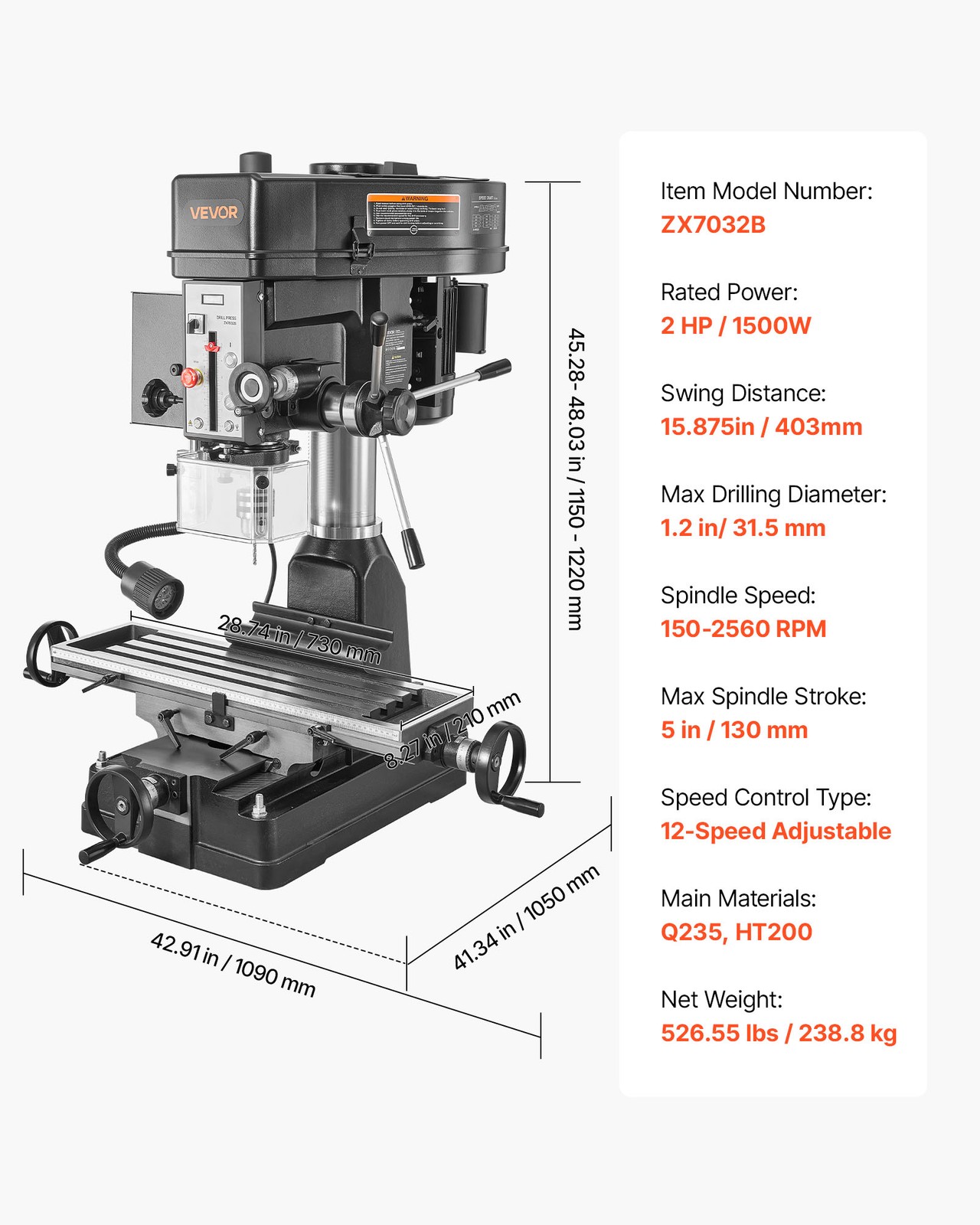 VEVOR 15.875 in Mill Drill Machine 2HP Benchtop Milling Drill Press 150-2560 RPM