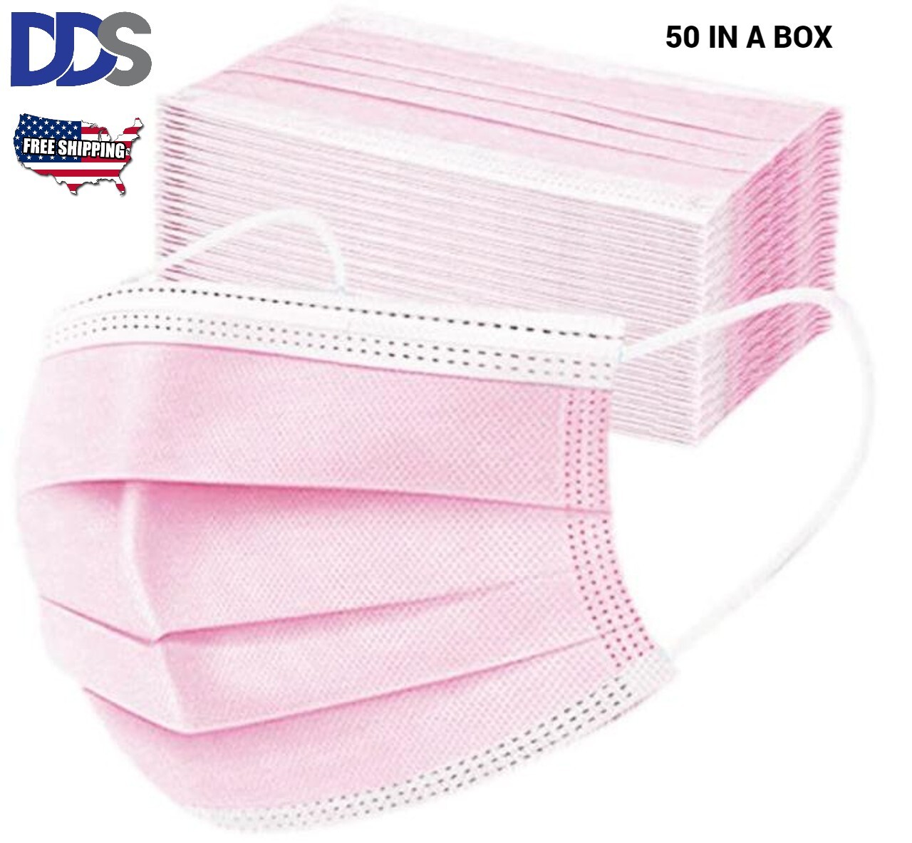 Pink Ear-Loop Face Mask, BOX OF 50 MASKS (FAST SHIPPING)