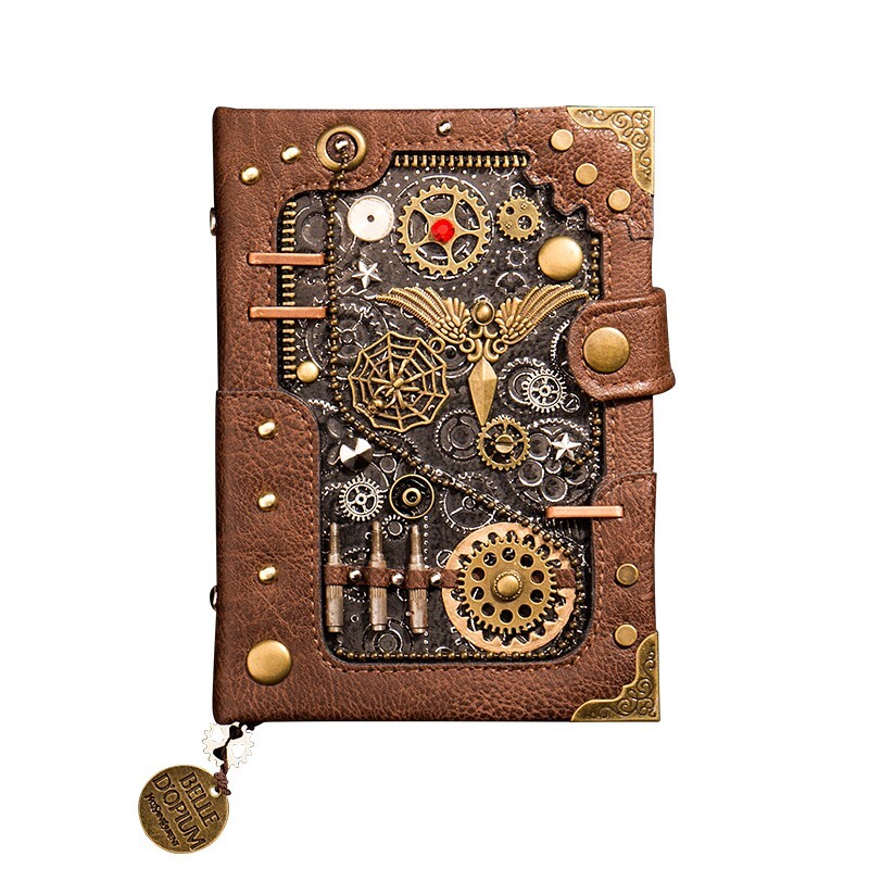Handmade Steampunk Notebook Leather Journal with customized bookmark and stamp