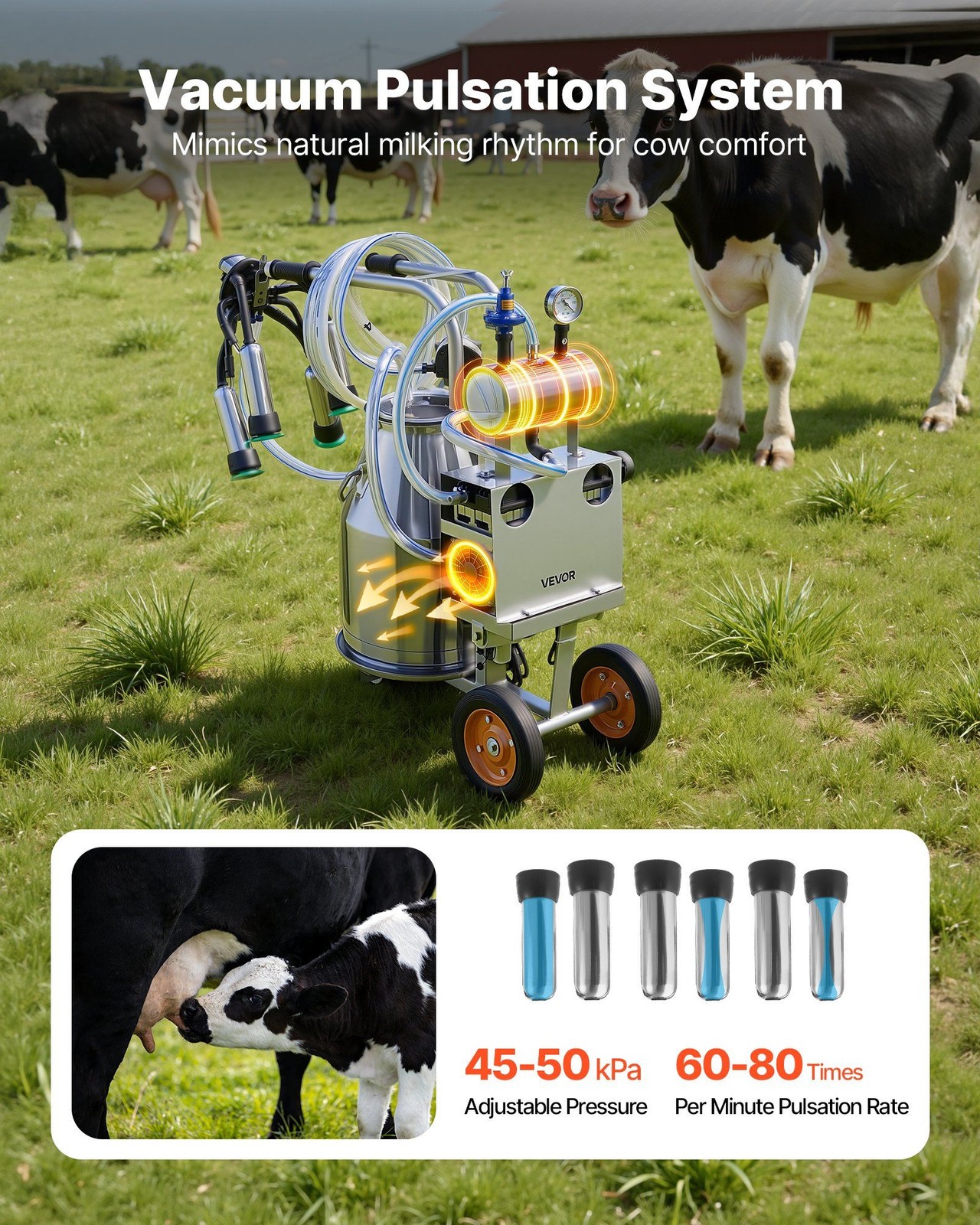 Stainless Steel Cow Milker: 25L Bucket, 45-50kPa Vacuum, Pulsation, Casters