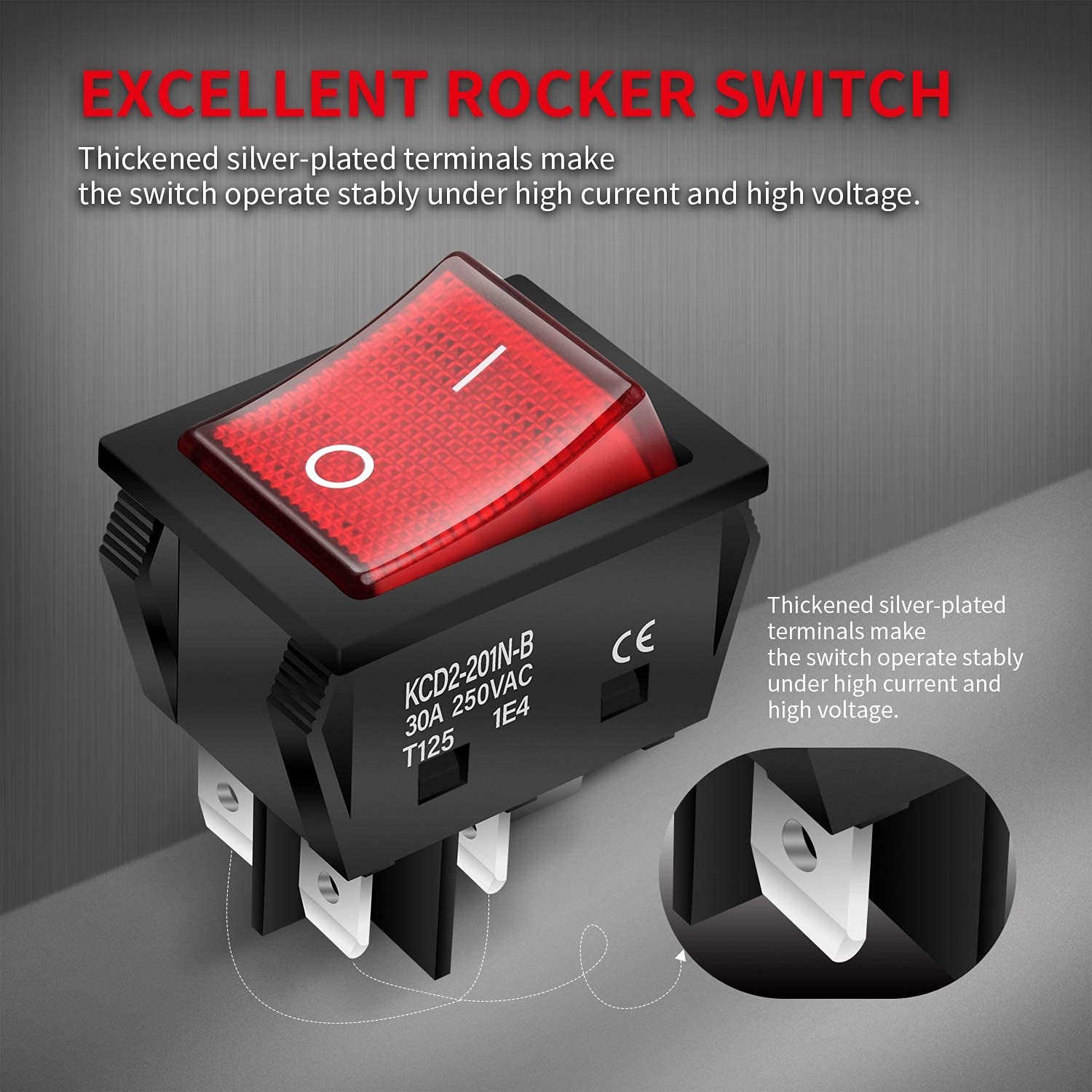 3 Pack On Off Red Light Rocker Switch 250V AC 30 AMP 125V 30A DPST 4 lug legs