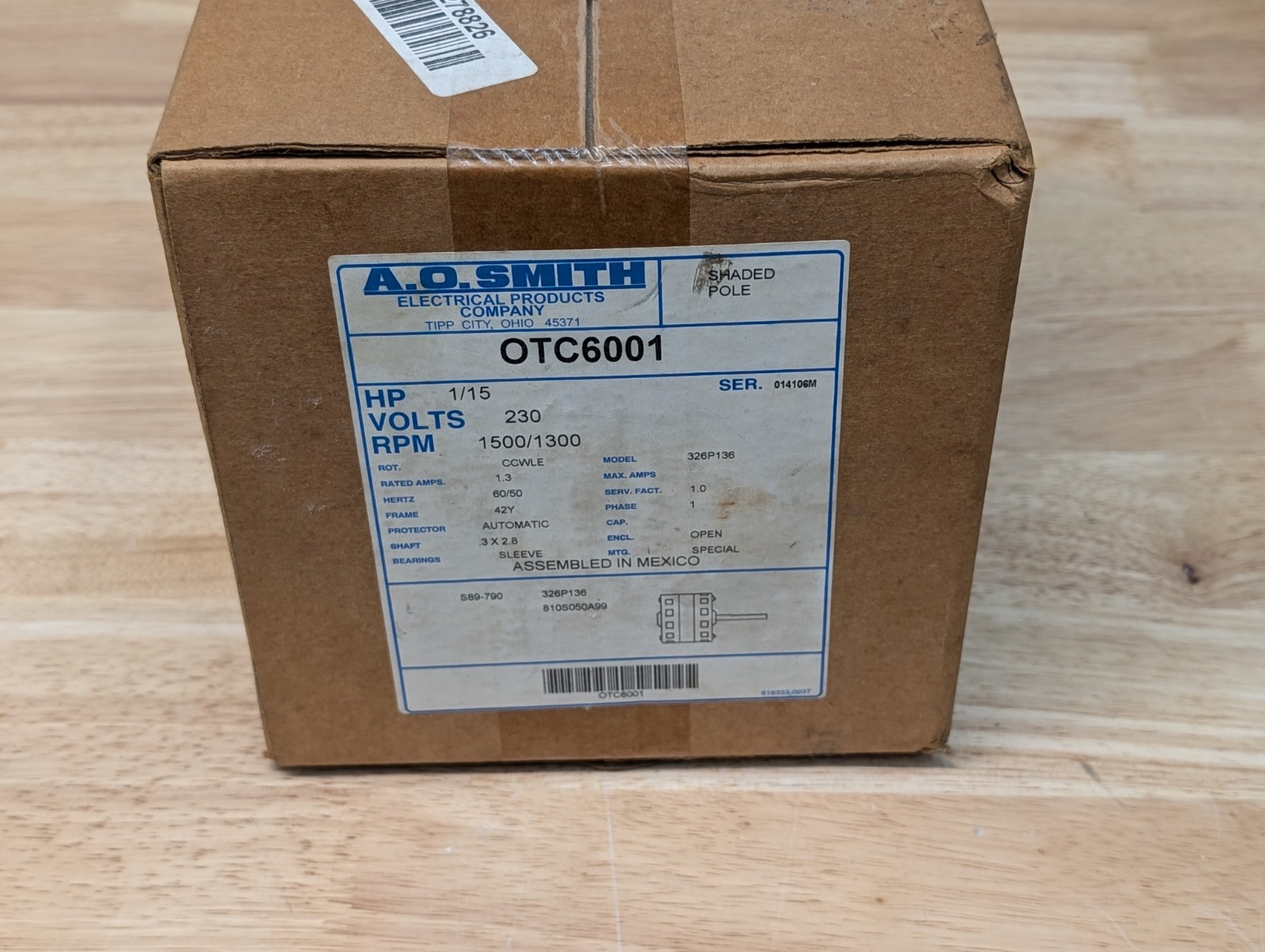AO Smith OTC6001 Condenser Fan Motor 1/15HP 1500RPM 1.3 Amp 230VAC