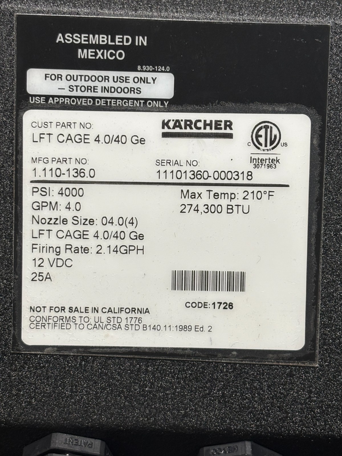 Karcher LFT Cage 4.0/40 Pressure Washer #1.110-136.0