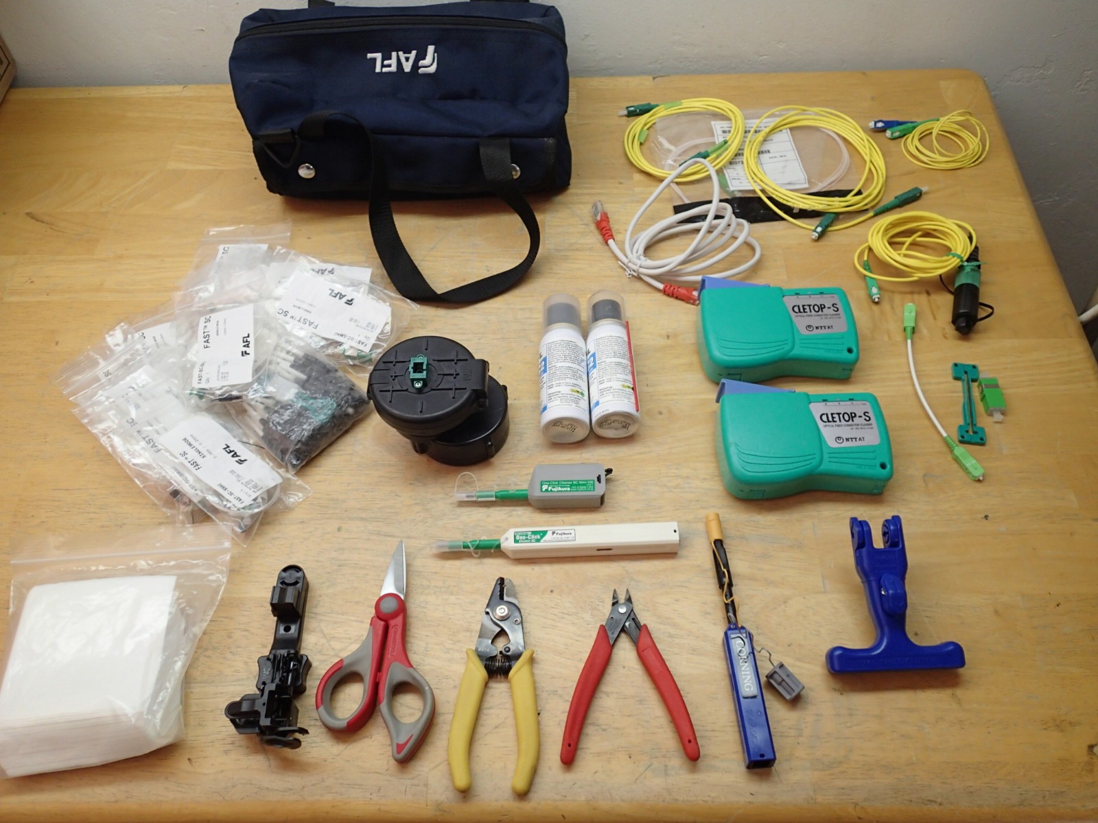 Mixed Lot of Fiber Optic Prep Tools Supplies Cables Cletop-S Cleaner 3M Polisher