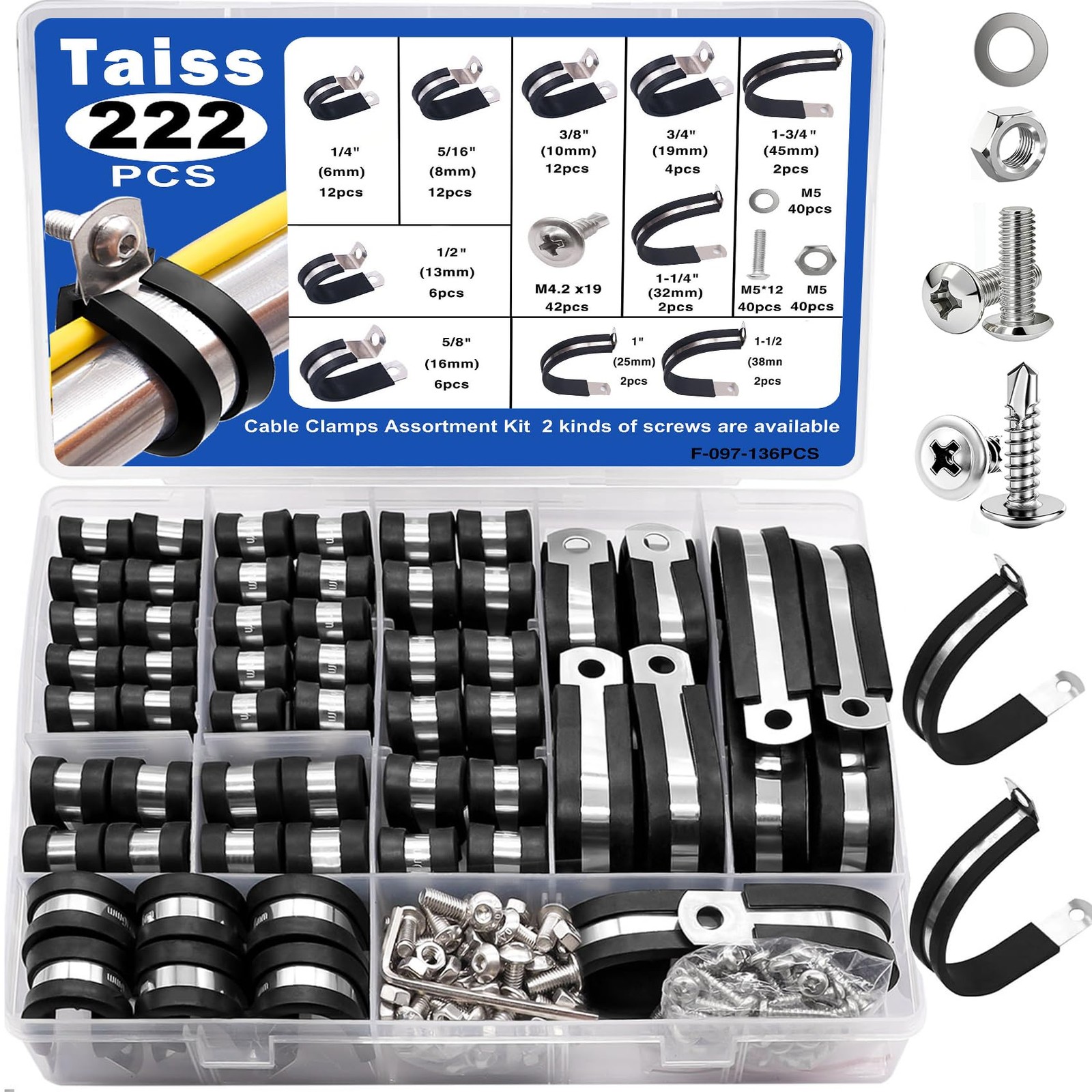 Taiss 222PCS Cable Clamps Assortment Kit 304 Stainless Steel Rubber Cushion P…