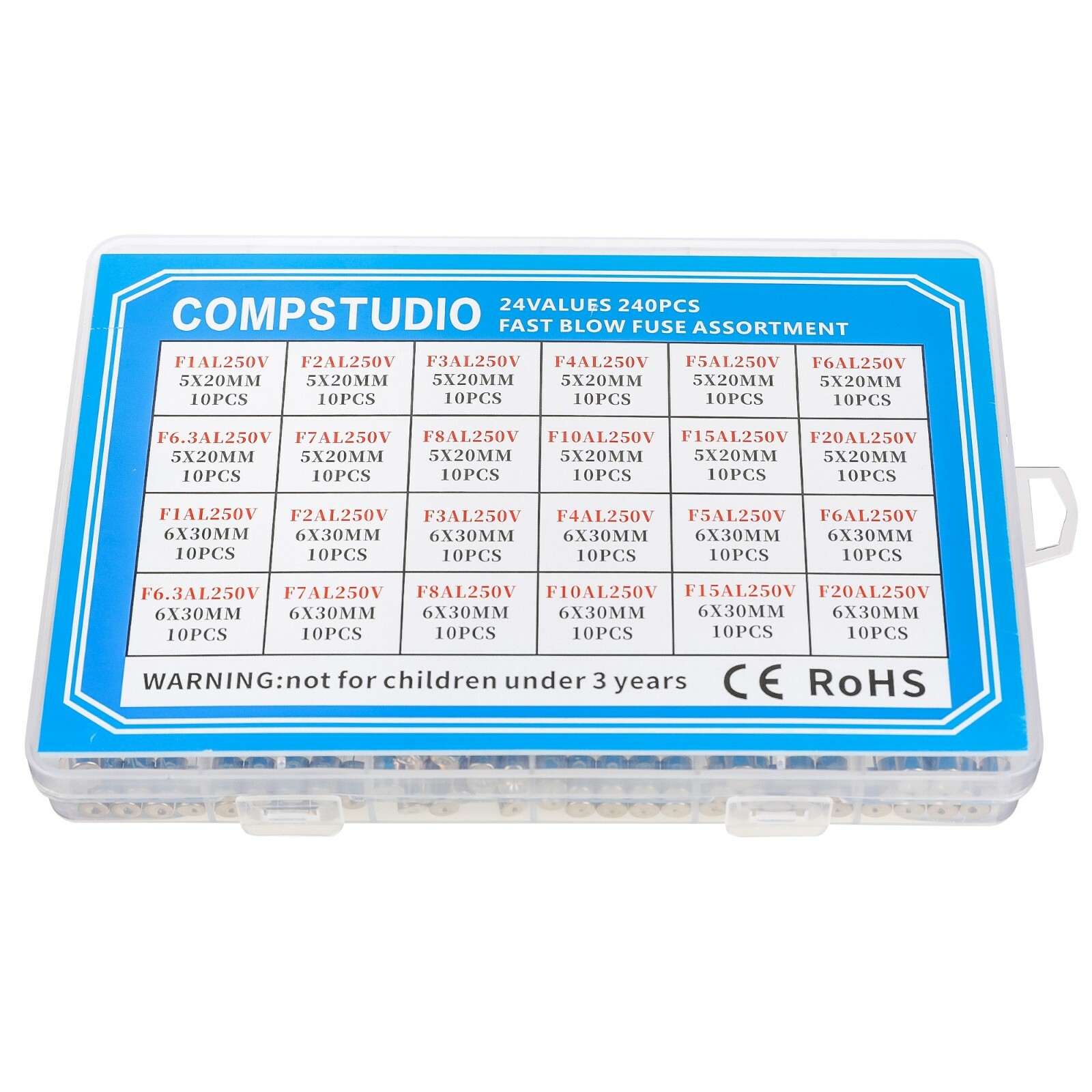 24 Values 240 Pcs Fast Blow Glass Fuses Assortment Kit 5x20mm&6x30mm 250V