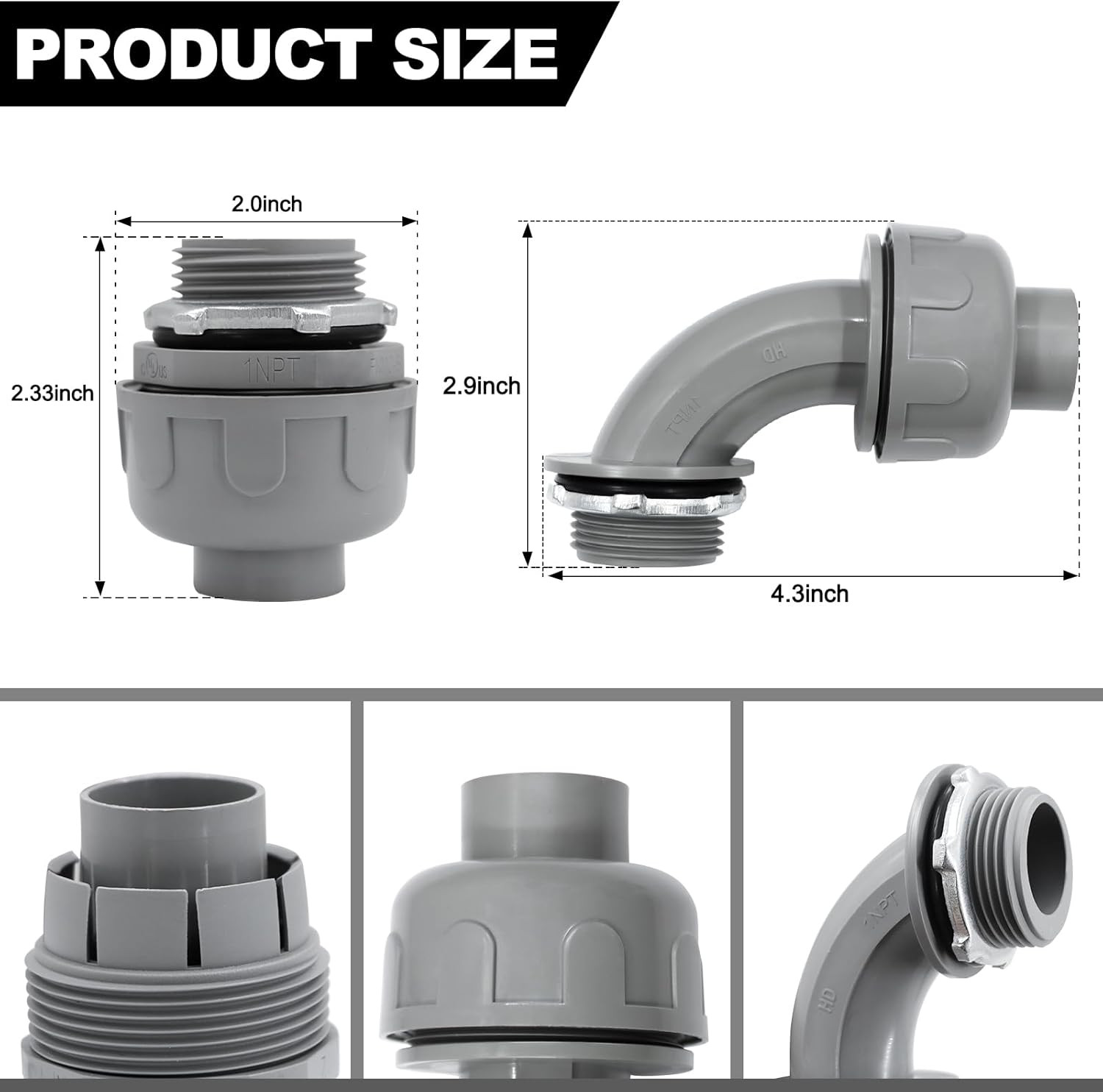 1 Inch Liquid Tight Connector PVC Flexible Conduit Connector, 180 Degree and 90