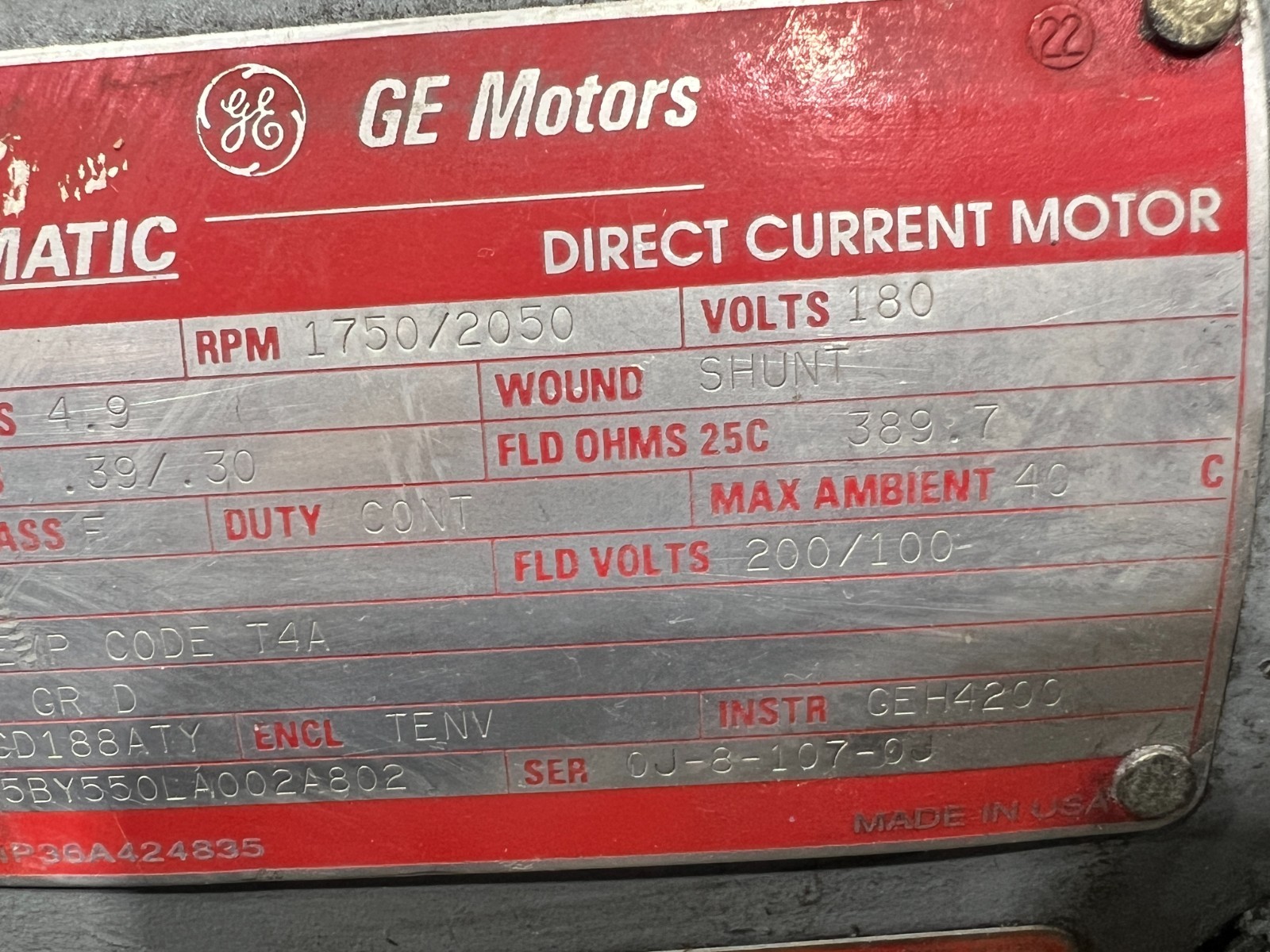 👀GE KINAMATIC GD188ATY 1 HP DIRECT CURRENT 180 VDC MOTOR 5BY550LA002A802