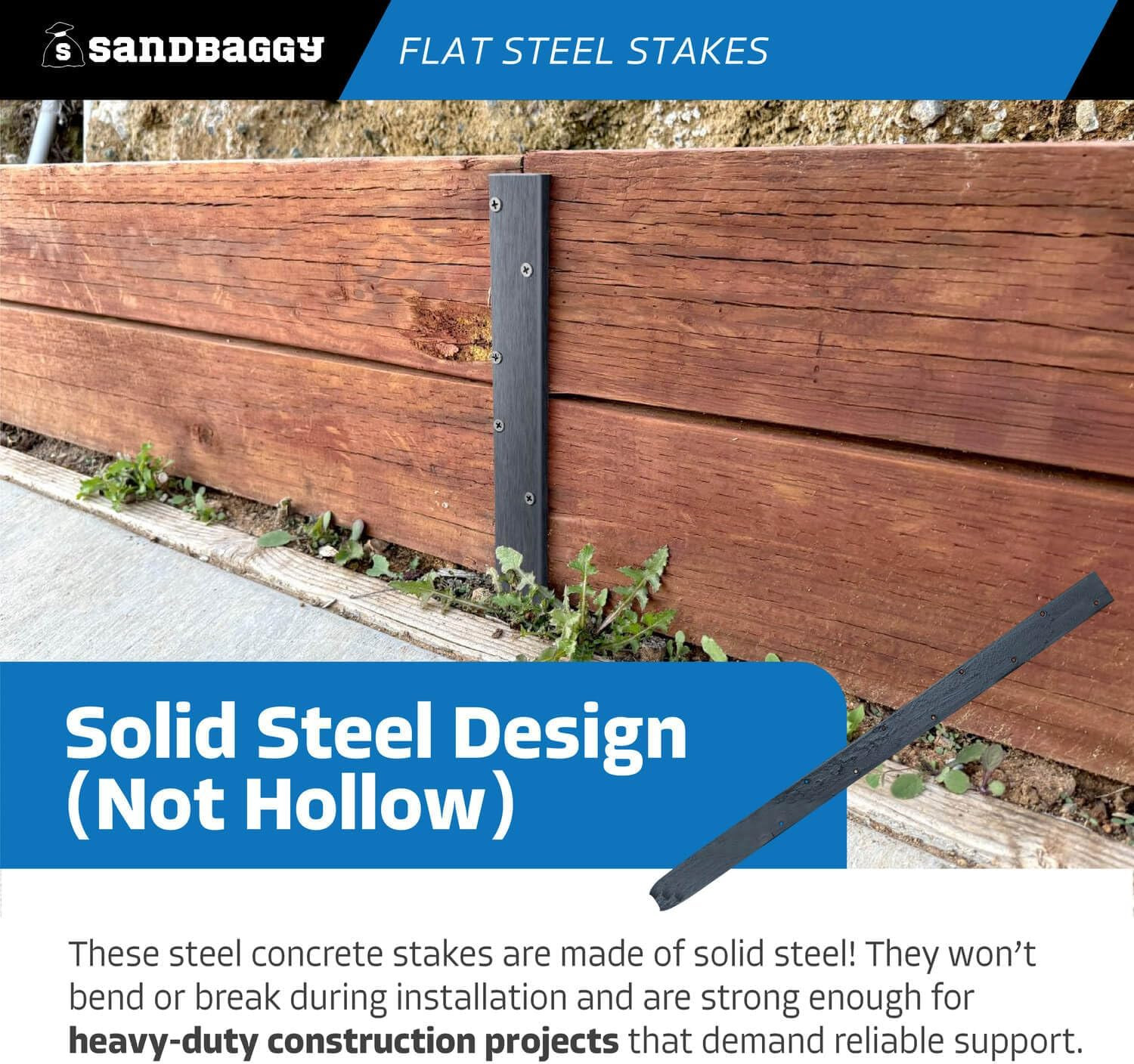 24″ Flat Steel Stakes for Concrete Forms with Nail Holes – 1.5″ Wide – Painted –