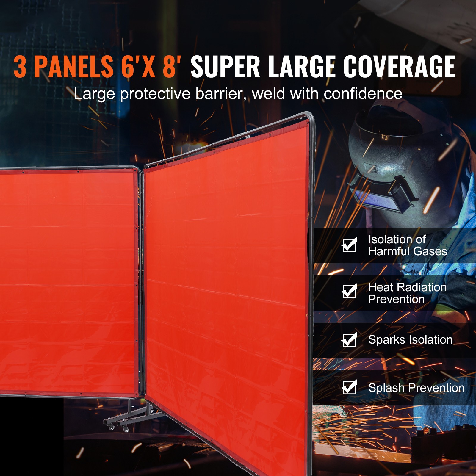 VEVOR Welding Screen with Frame 3 Panel 6′ x 8′ Welding Curtain Screen 12 Wheels