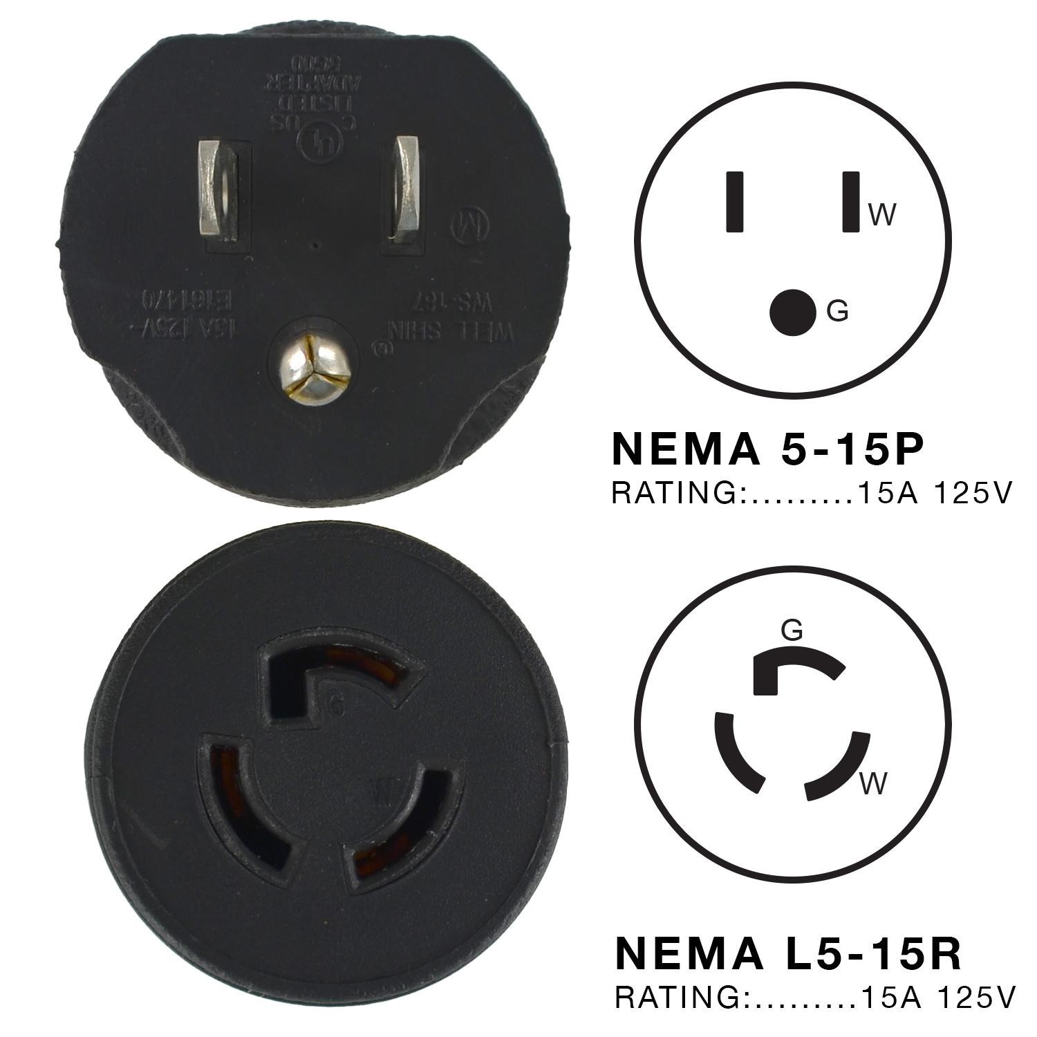 Conntek 30111-BK Plug Adapter NEMA 5-15P to L5-15R