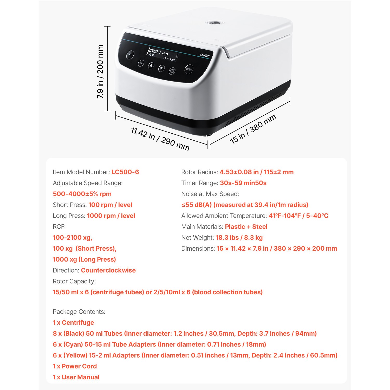 Centrifuge Machine 2/5/10/15/50ml Speed 500-4000rpm with 1 Rotor and Timer