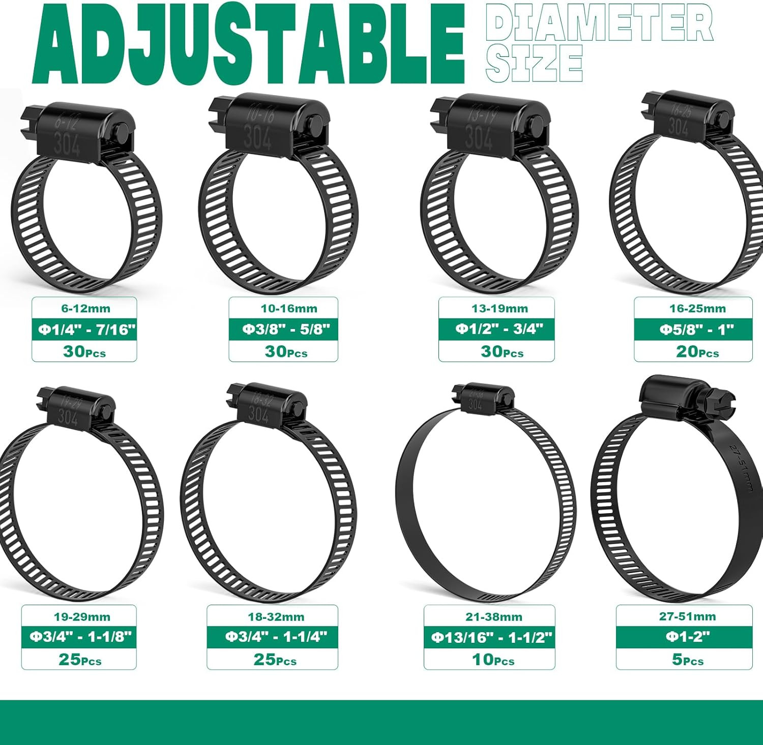 Black Hose Clamp-175Pcs Stainless Steel Hose Clamps Assortment Adjustable