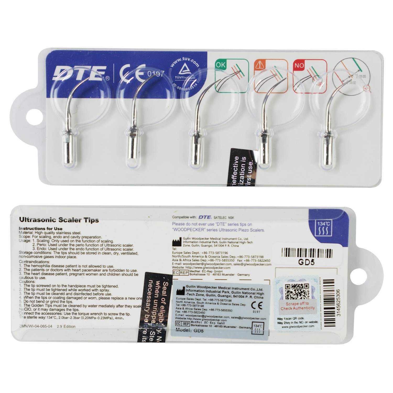 DTE Dental Ultrasonic Scaler Tips GD5 5pc/pk Fit for NSK & Satelec Scaler
