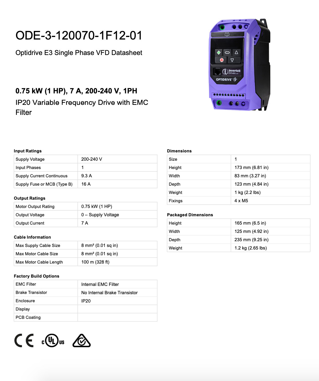 ODE-3-120070-1F12-01 – Invertek VFD – 1HP 7.0A 200V-240V 1Ph/1Ph – VFDexchange