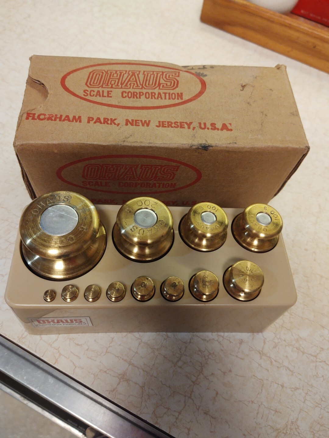 Vintage 12 Piece Ohaus Pharmaceutical Brass Calibration Weight And Plastic Case