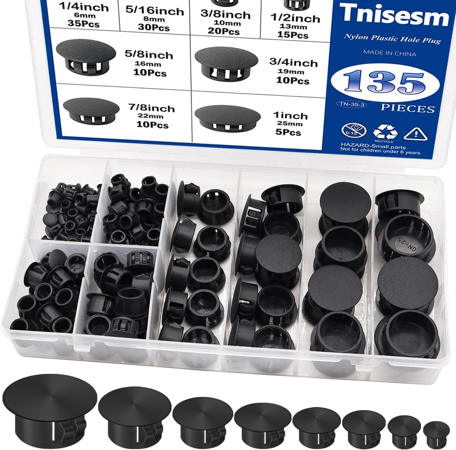 135Pcs Black Nylon Hole Plugs 8 Sizes 1/4″-1″ Round End Caps Furniture Cabinet