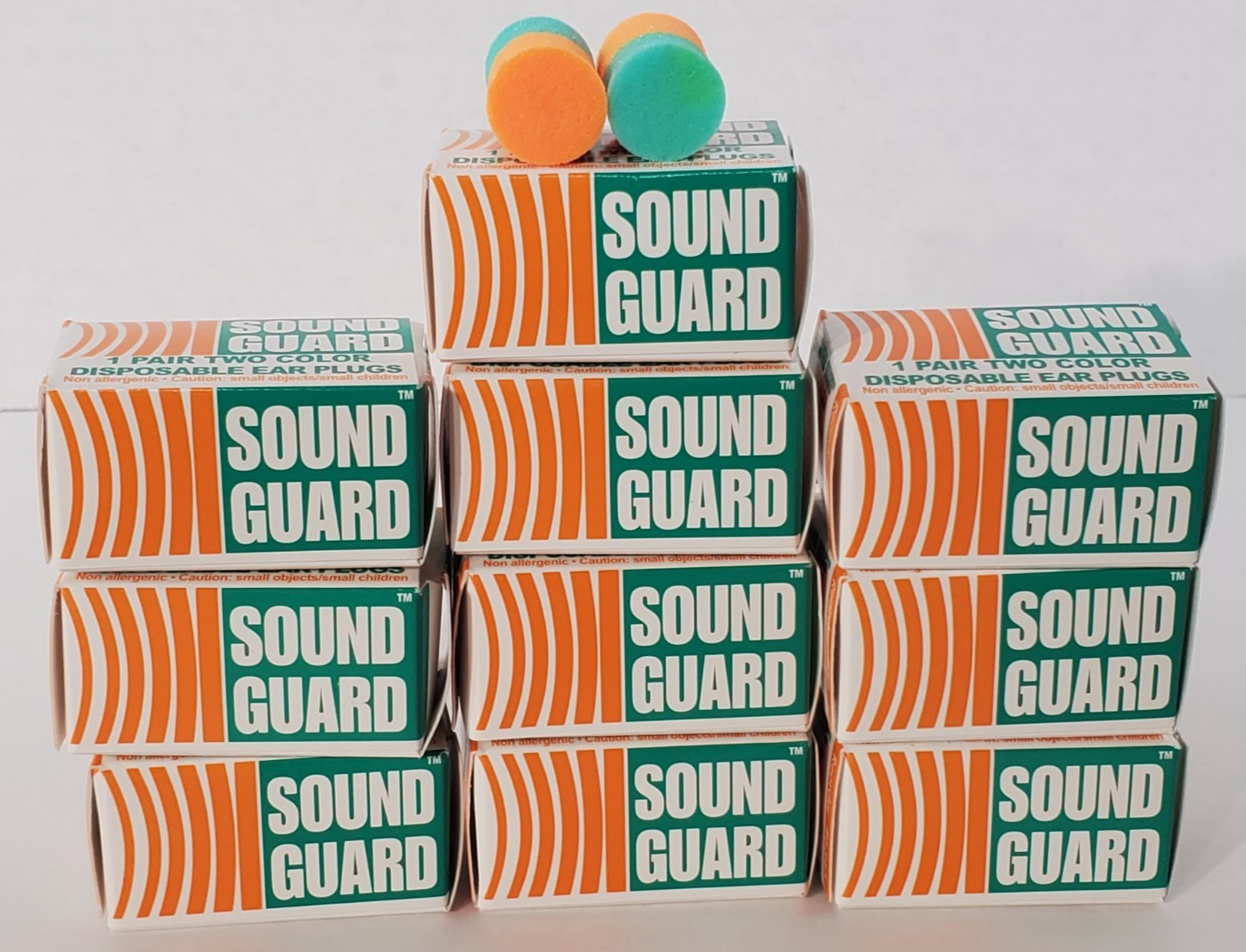 10 Pair Sound Guard Disposable Ear Plugs Uncorded – Orange/Green – New Open Box