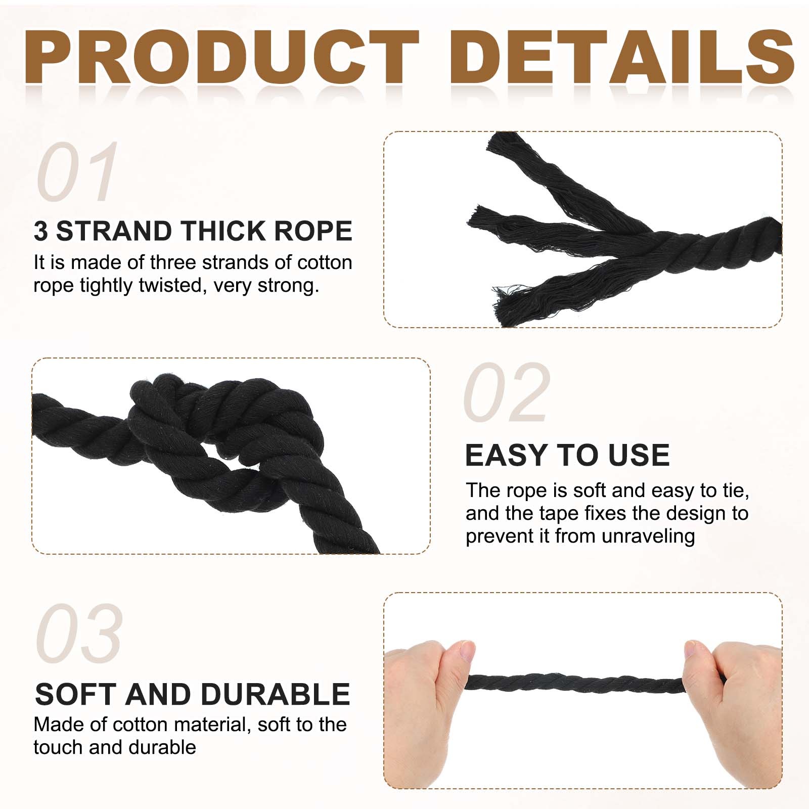 20mm x 11.5 Feet Black Cotton Rope 3 Strand for DIY Wall Hanging Knotting