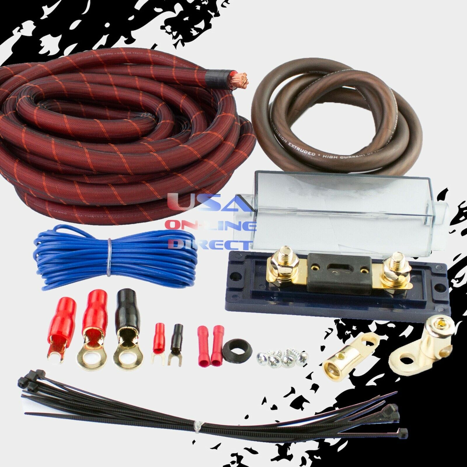 4 GAUGE BRAIDED SLEEVING AWG 100% OFC COPPER AMPLIFIER WIRING INSTALL KIT LOT